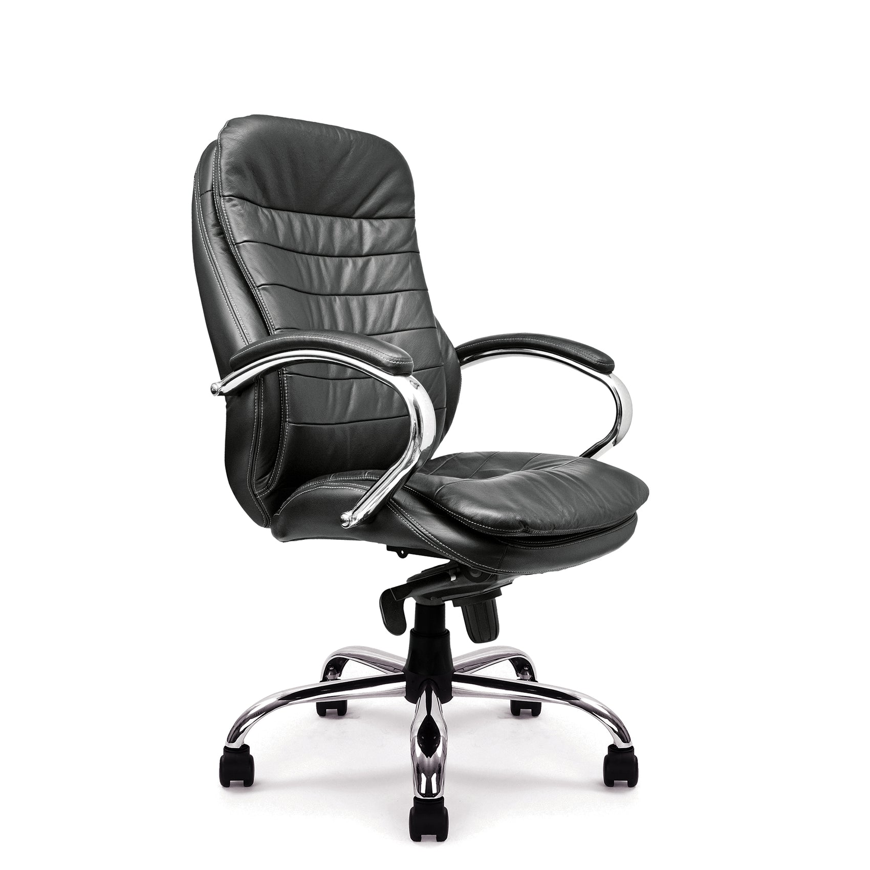 antiago – High Back Italian Leather Faced Synchronous Executive Armchair with Integral Headrest and Chrome Base
