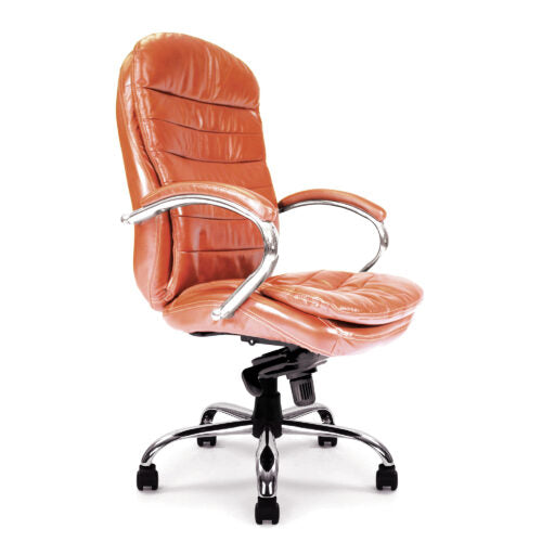 antiago – High Back Italian Leather Faced Synchronous Executive Armchair with Integral Headrest and Chrome Base