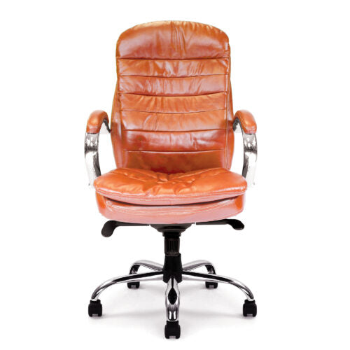 antiago – High Back Italian Leather Faced Synchronous Executive Armchair with Integral Headrest and Chrome Base