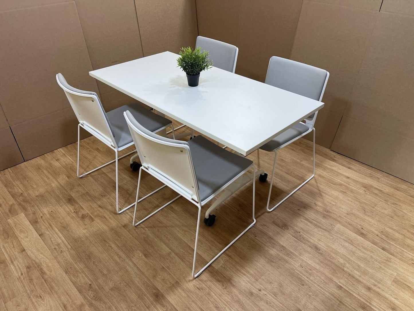 White Mobile Folding Table With Designer Italian Stacking Chairs - Can DELIVER
