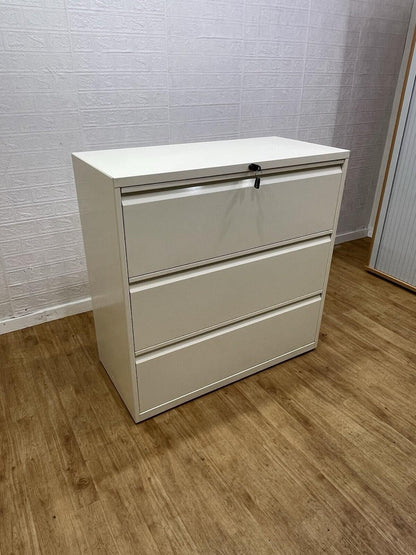Bisley White 3 Draw Lateral Filling Cabinet With Keys / (All Metal) Can Deliver