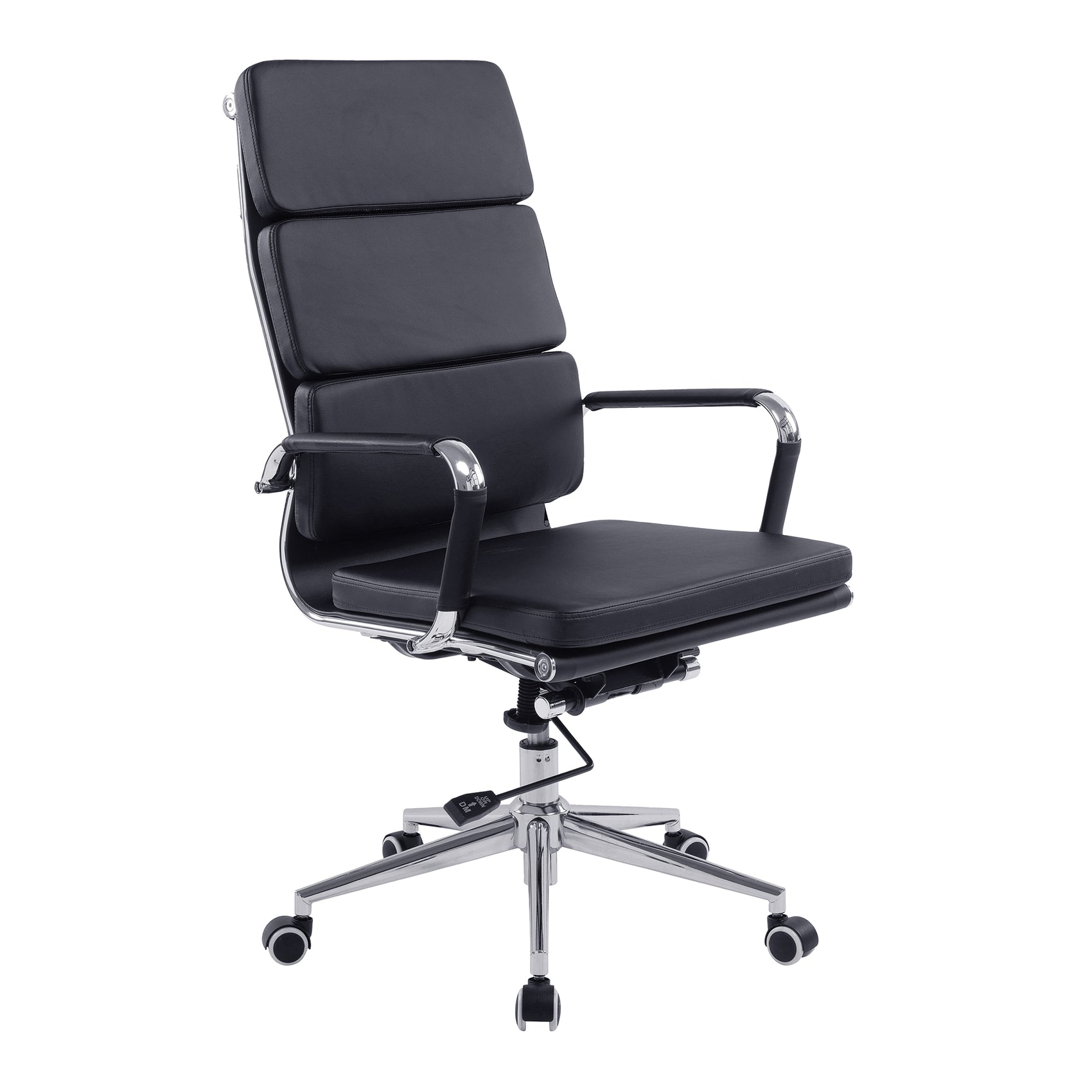 Avanti – Bonded Colour Leather High Back Swivel Armchair with Individual Back Cushions and Chrome Arms & Base