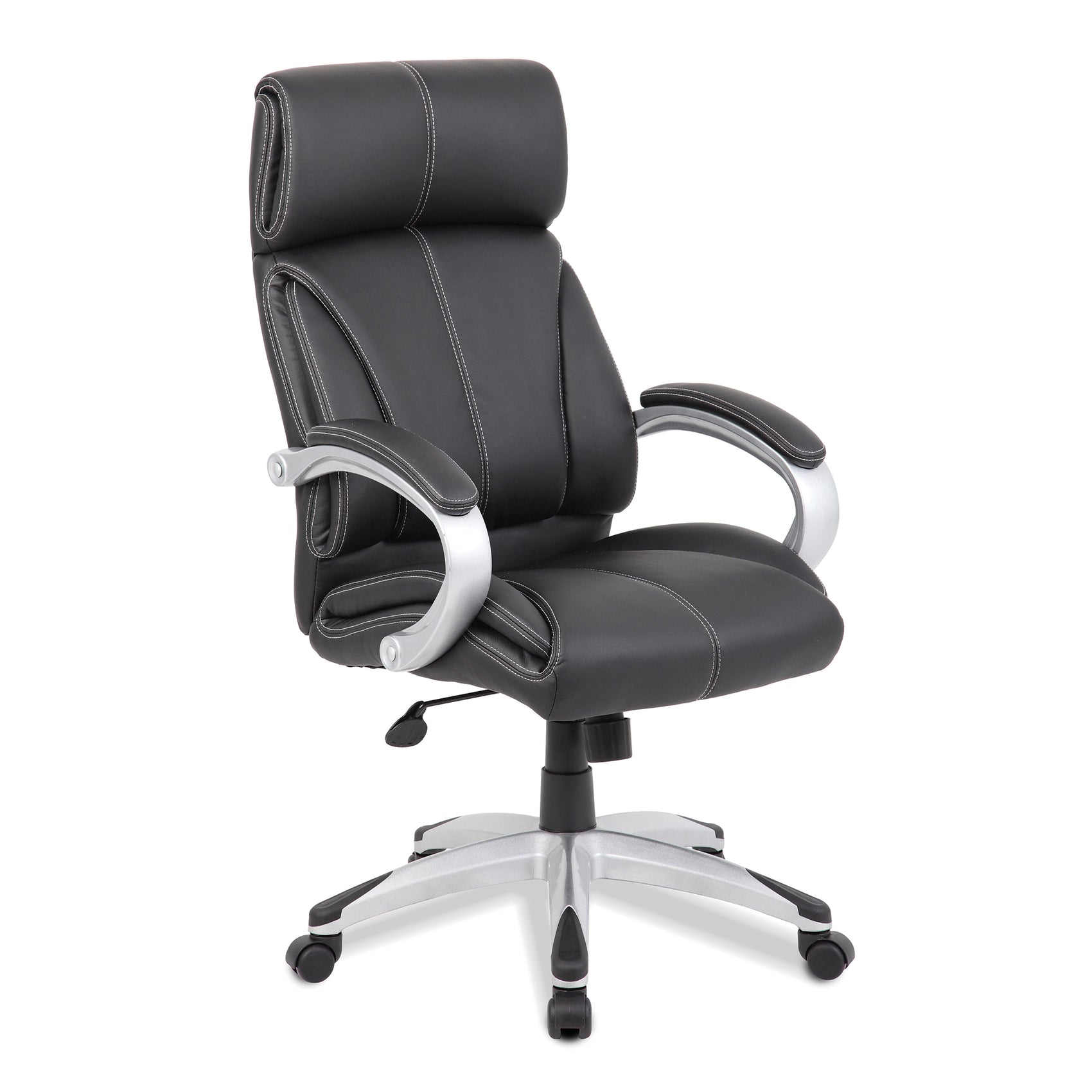 Cloud – High Back Leather Faced Manager Chair with Satin Silver Finish to Armrests and Base – Black