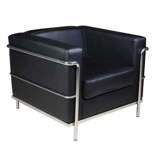 Belmont – Contemporary Cubed Leather Faced Reception Chair with Stainless Steel Frame and Integrated Leg Supports