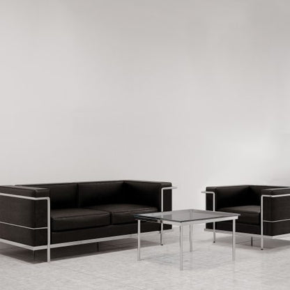 Belmont – Contemporary Cubed Leather Faced Reception Chair with Stainless Steel Frame and Integrated Leg Supports – Black