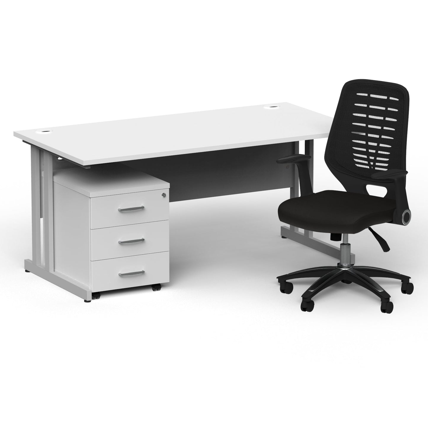 Impulse 1600mm Cantilever Straight Desk With Mobile Pedestal and Relay Black Back Operator Chair