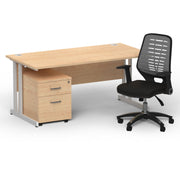 Impulse 1600mm Cantilever Straight Desk With Mobile Pedestal and Relay Silver Back Operator Chair