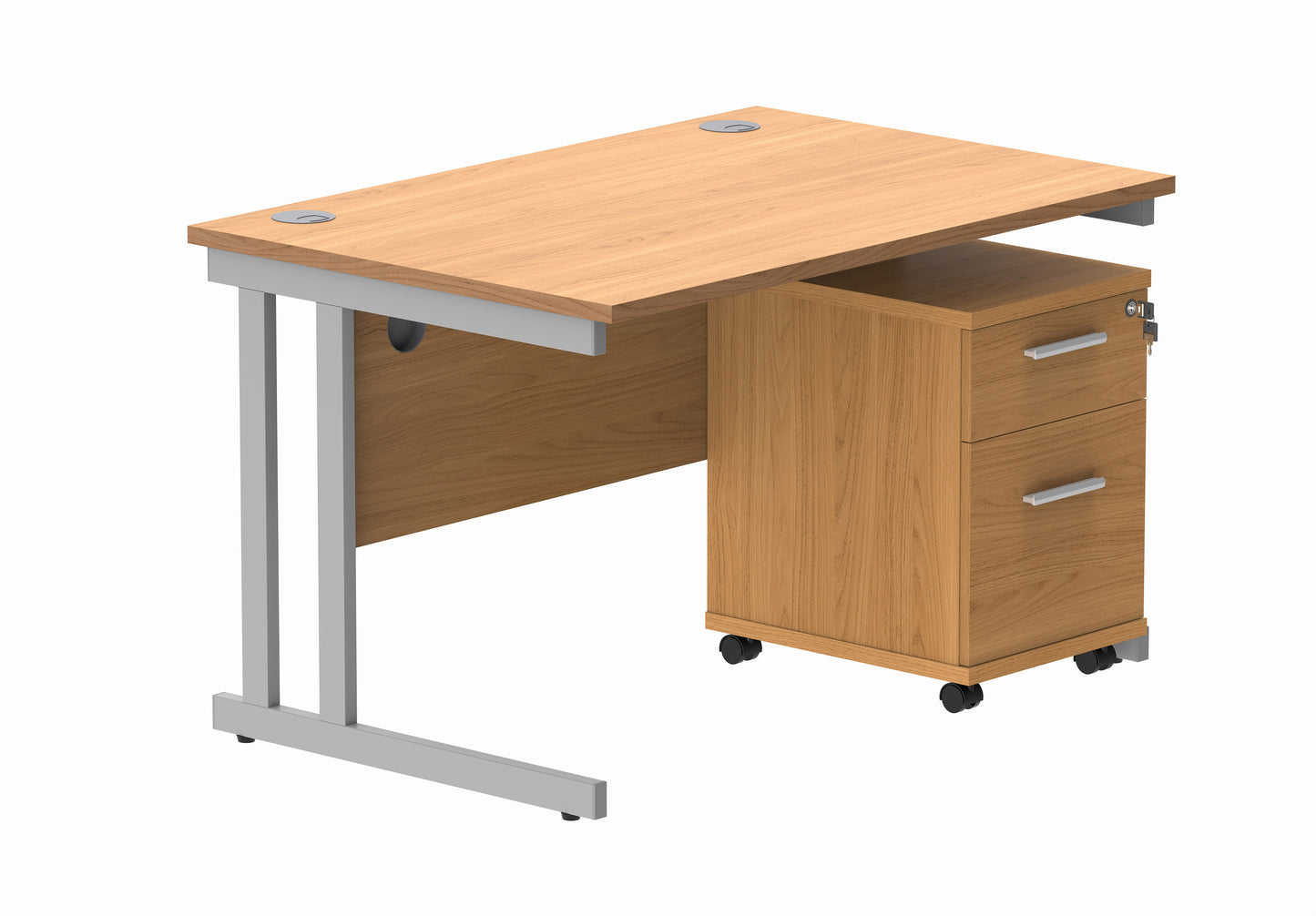 Core|Double Upright|Rectangular Desk with 2 Drawer Mobile Under Desk Pedestal|1200x800|Norwegian Beech-Silver