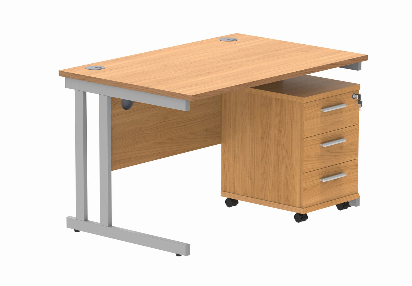 Core|Double Upright|Rectangular Desk with 3 Drawer Mobile Under Desk Pedestal|1200x800|Norwegian Beech-Silver