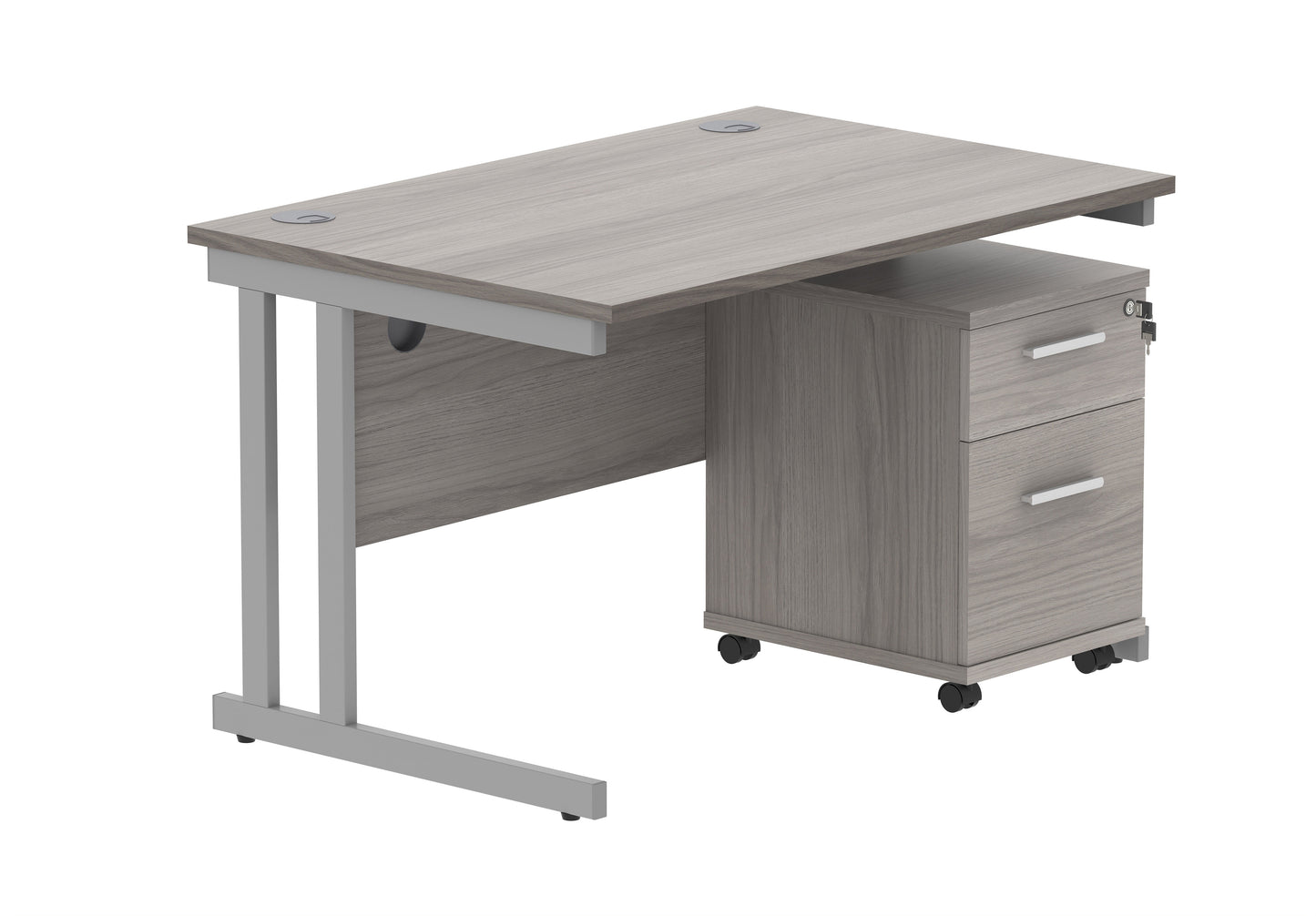 Core|Double Upright|Rectangular Desk with 2 Drawer Mobile Under Desk Pedestal|1200x800|Alaskan Grey Oak-Silver