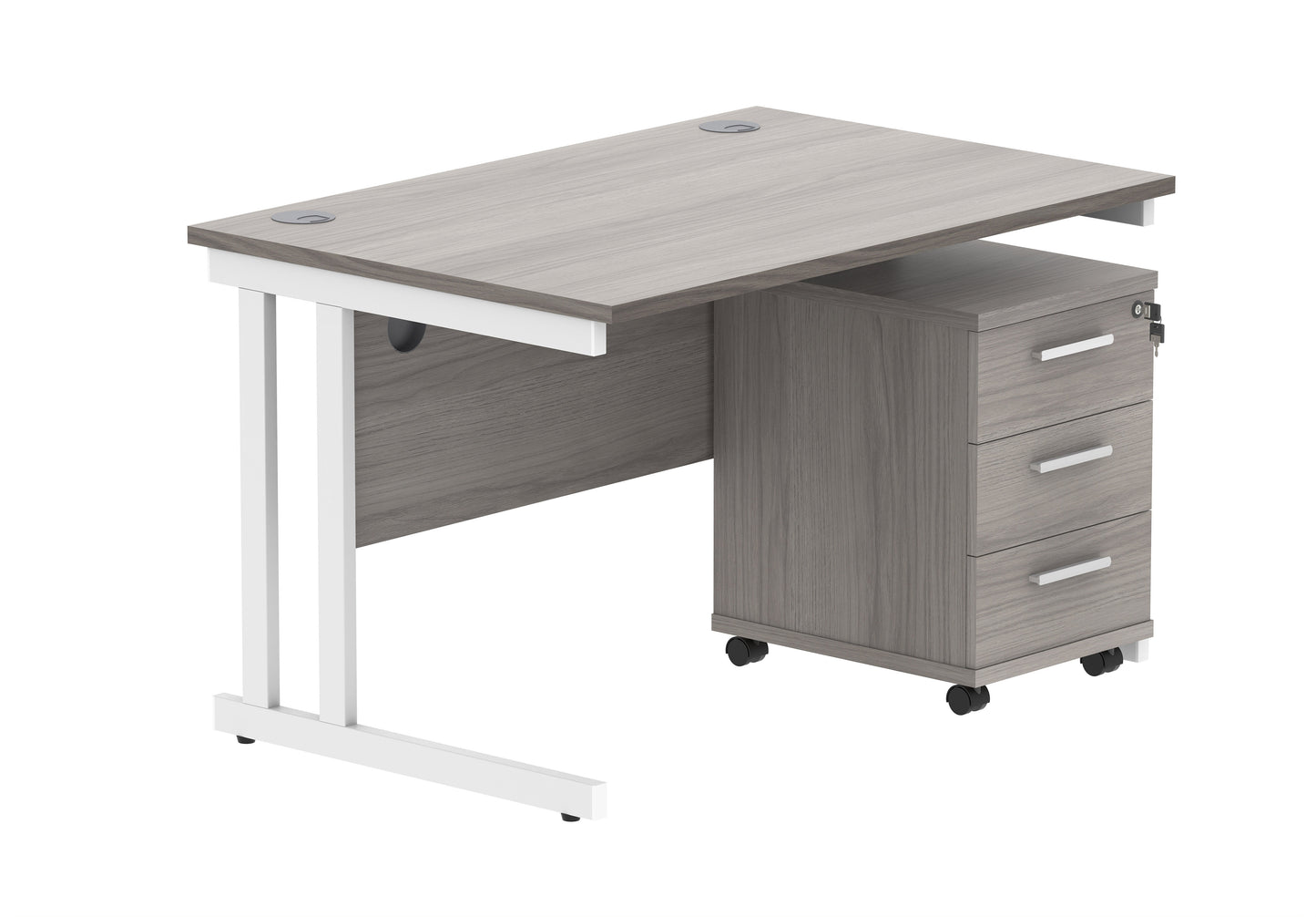 Core|Double Upright|Rectangular Desk with 3 Drawer Mobile Under Desk Pedestal|1200x800|Alaskan Grey Oak-White