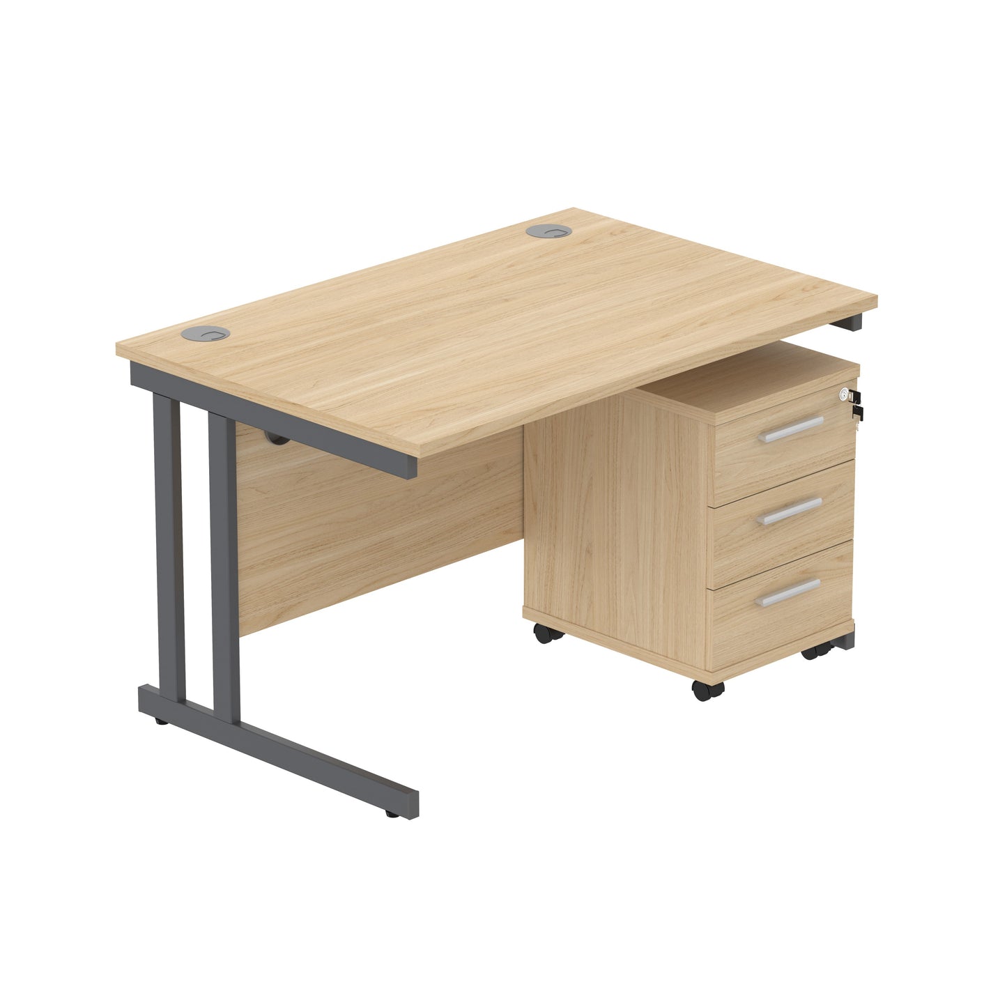 Core|Double Upright|Rectangular Desk with 3 Drawer Mobile Under Desk Pedestal (FSC)|1200x800|Canadian Oak-Graphite