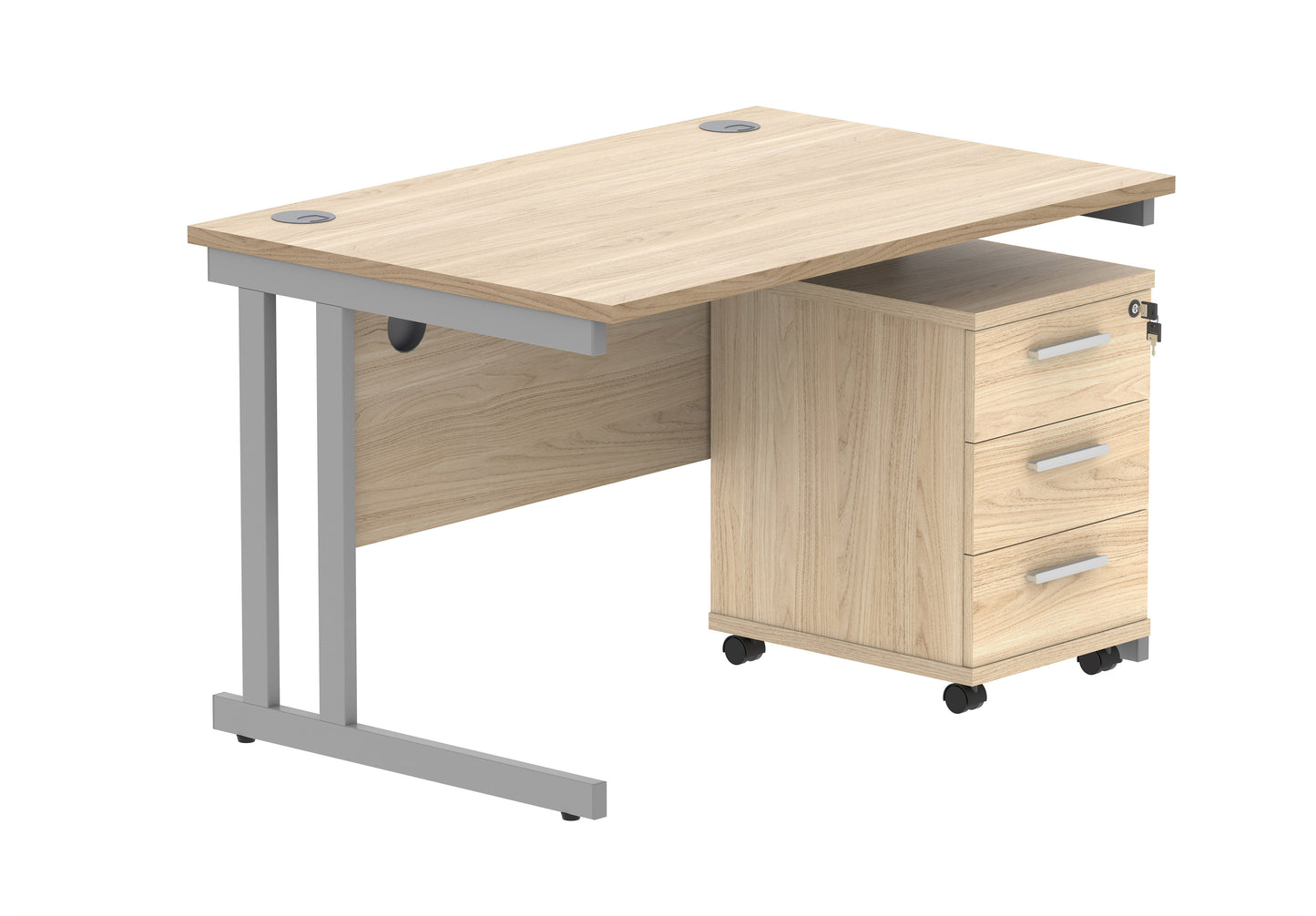 Core|Double Upright|Rectangular Desk with 3 Drawer Mobile Under Desk Pedestal|1200x800|Canadian Oak-Silver