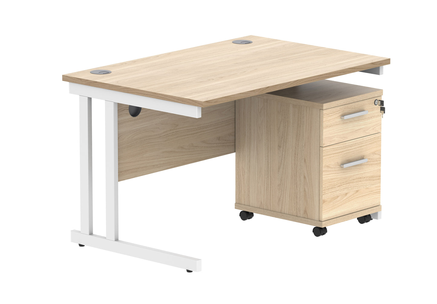 Core|Double Upright|Rectangular Desk with 2 Drawer Mobile Under Desk Pedestal|1200x800|Canadian Oak-White