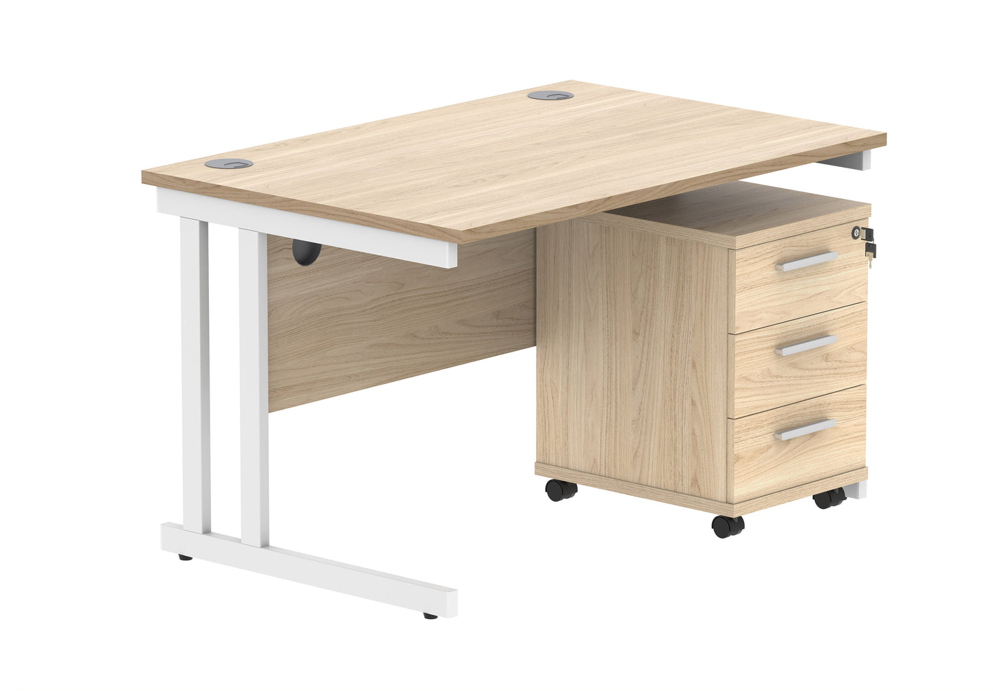 Core|Double Upright|Rectangular Desk with 3 Drawer Mobile Under Desk Pedestal|1200x800|Canadian Oak-White