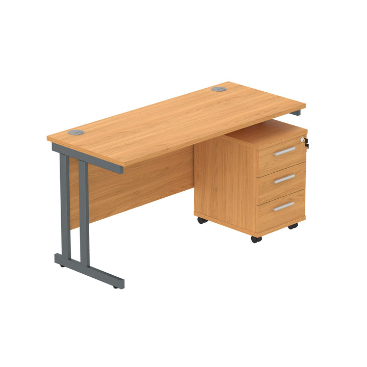 Double Upright Rectangular Desk + 3 Drawer Mobile Under Desk Pedestal (FSC)