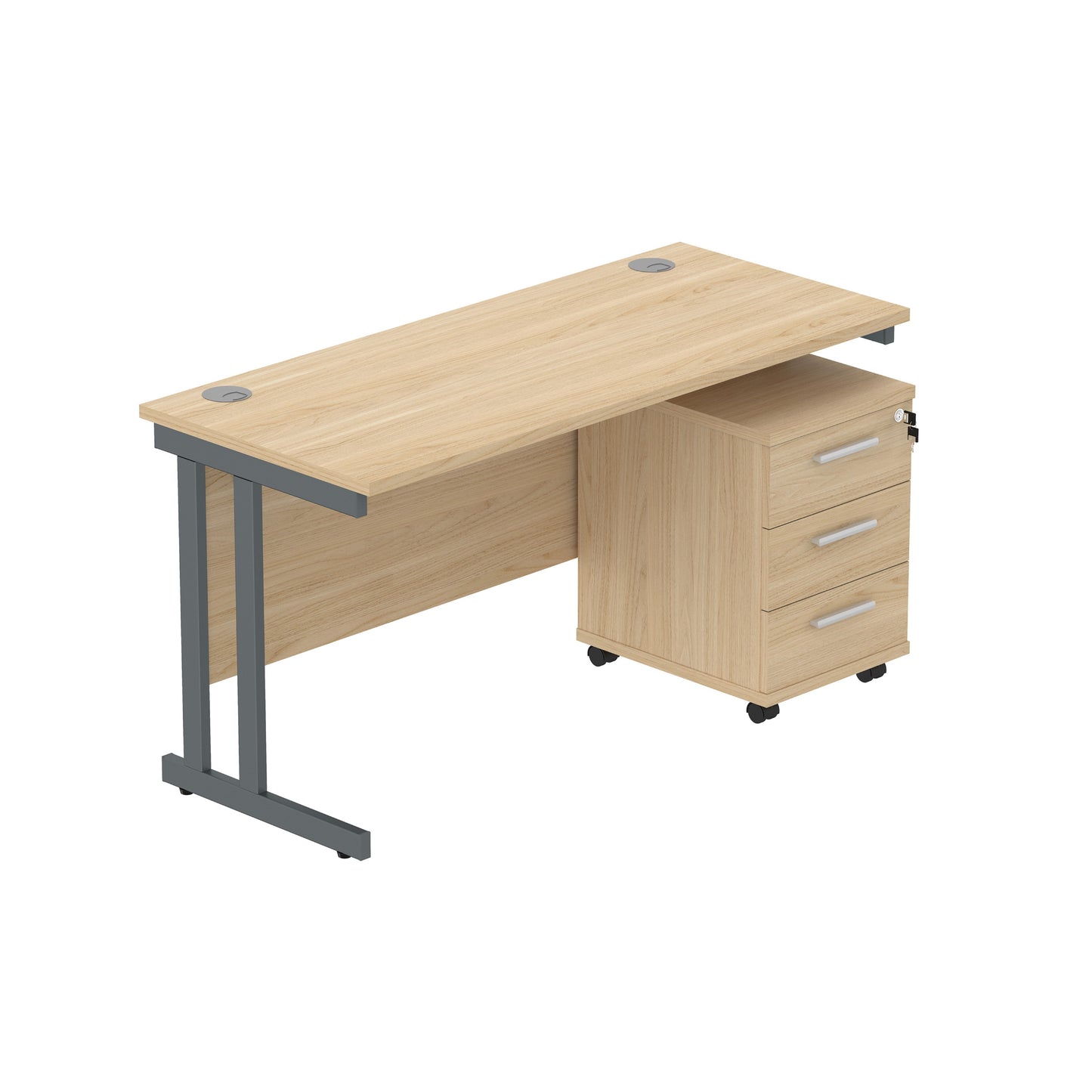 Core|Double Upright|Rectangular Desk with 3 Drawer Mobile Under Desk Pedestal|1400x600|Canadian Oak-Graphite