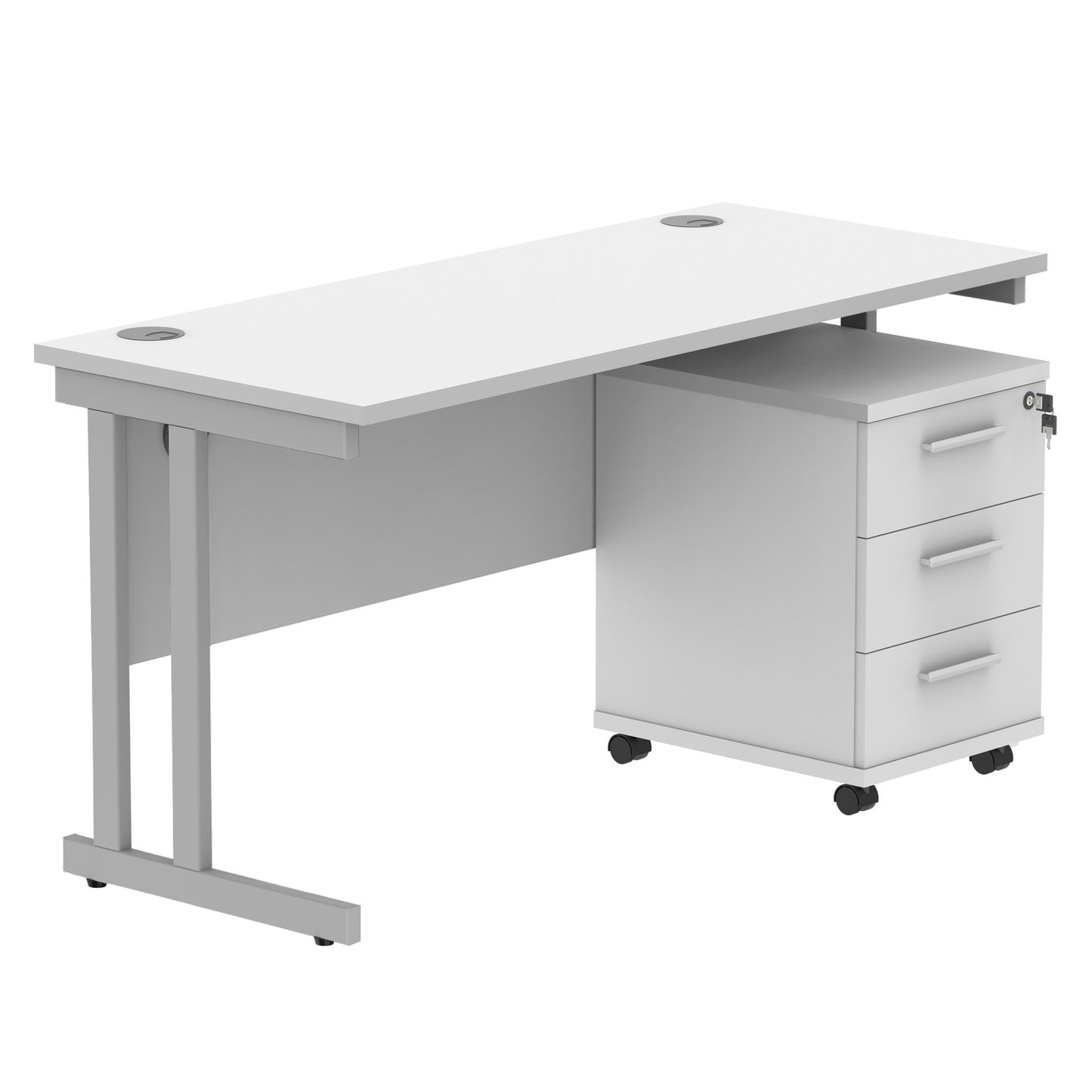 Core|Double Upright|Rectangular Desk with 3 Drawer Mobile Under Desk Pedestal|1400x600|Arctic White-Silver