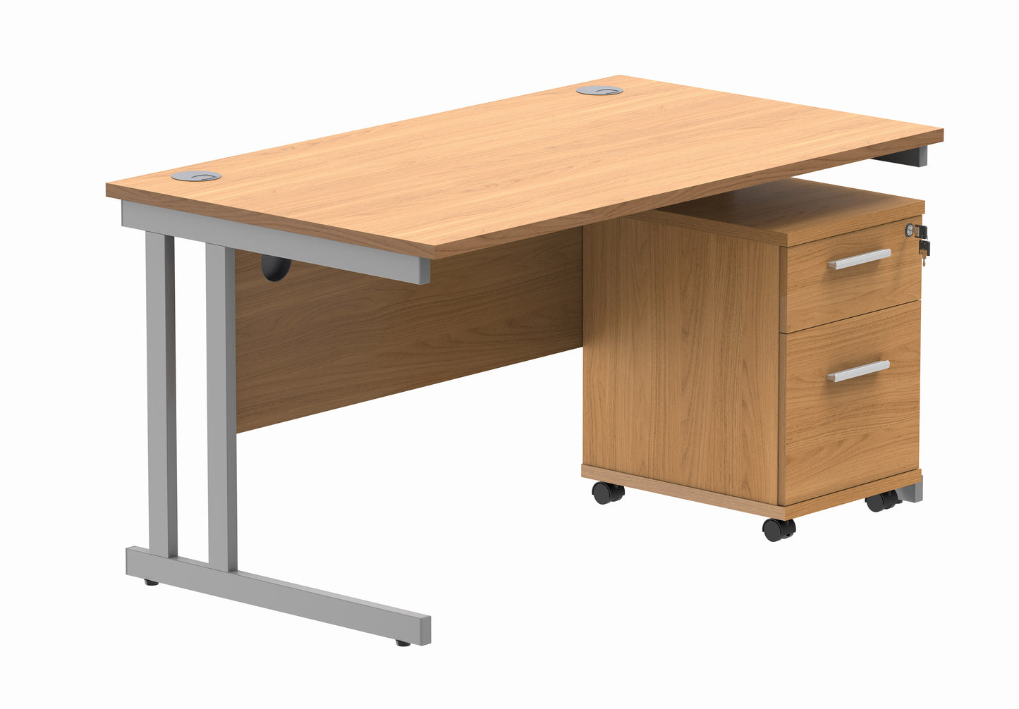 Core|Double Upright|Rectangular Desk with 2 Drawer Mobile Under Desk Pedestal|1400x800|Norwegian Beech-Silver