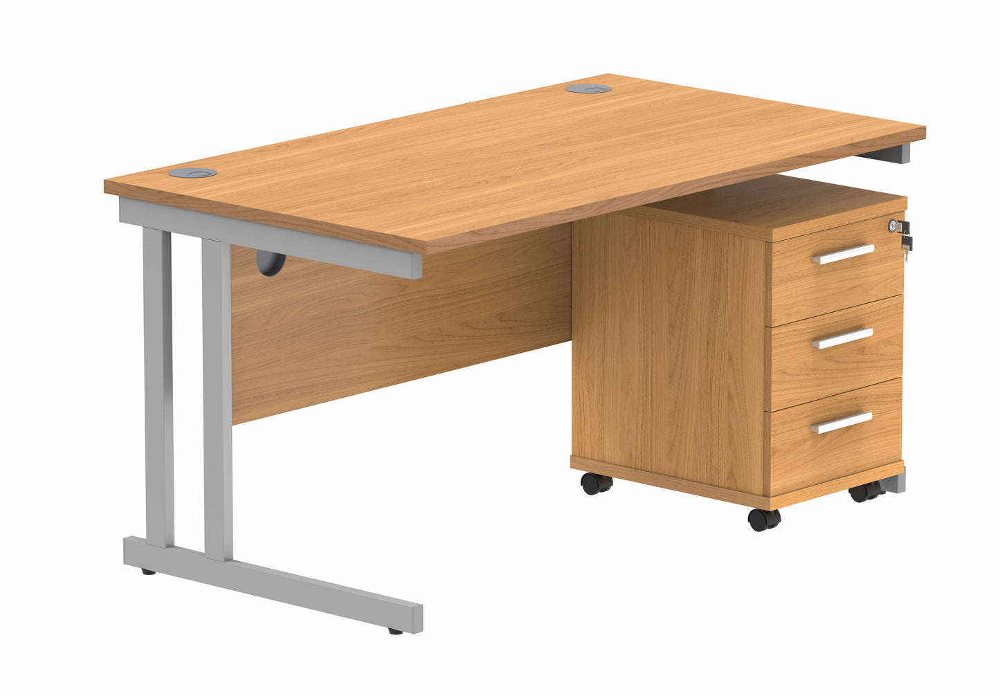 Core|Double Upright|Rectangular Desk with 3 Drawer Mobile Under Desk Pedestal|1400x800|Norwegian Beech-Silver