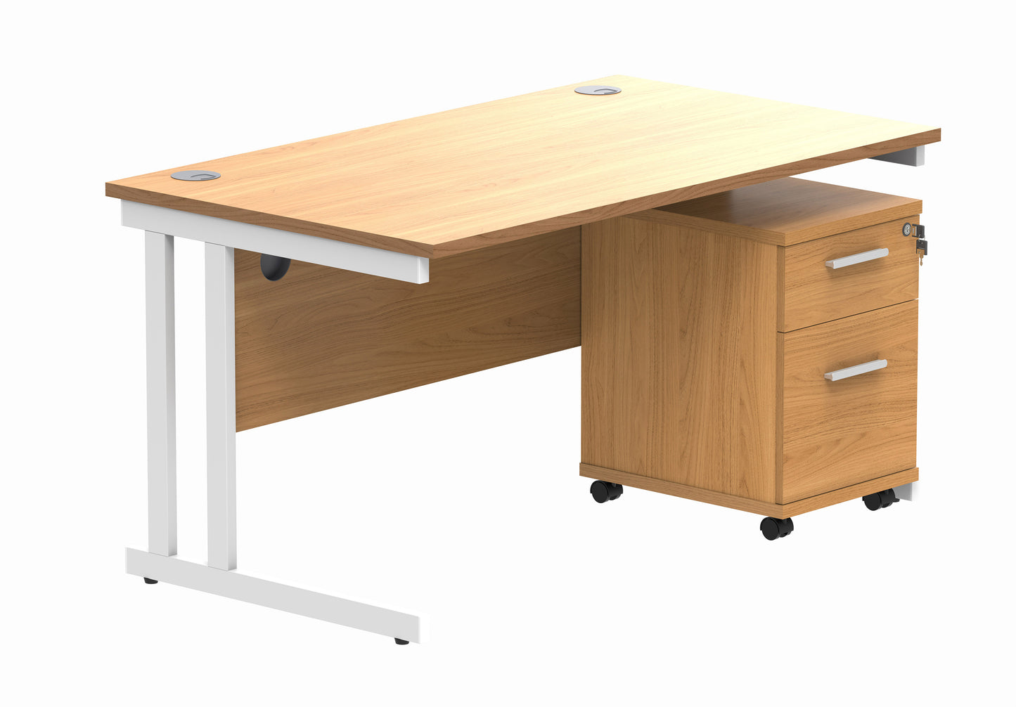 Core|Double Upright|Rectangular Desk with 2 Drawer Mobile Under Desk Pedestal|1400x800|Norwegian Beech-White