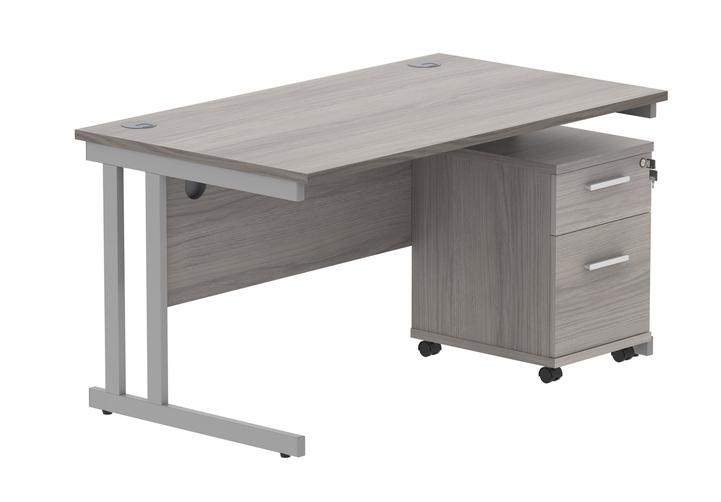 Core|Double Upright|Rectangular Desk with 2 Drawer Mobile Under Desk Pedestal|1400x800|Alaskan Grey Oak-Silver