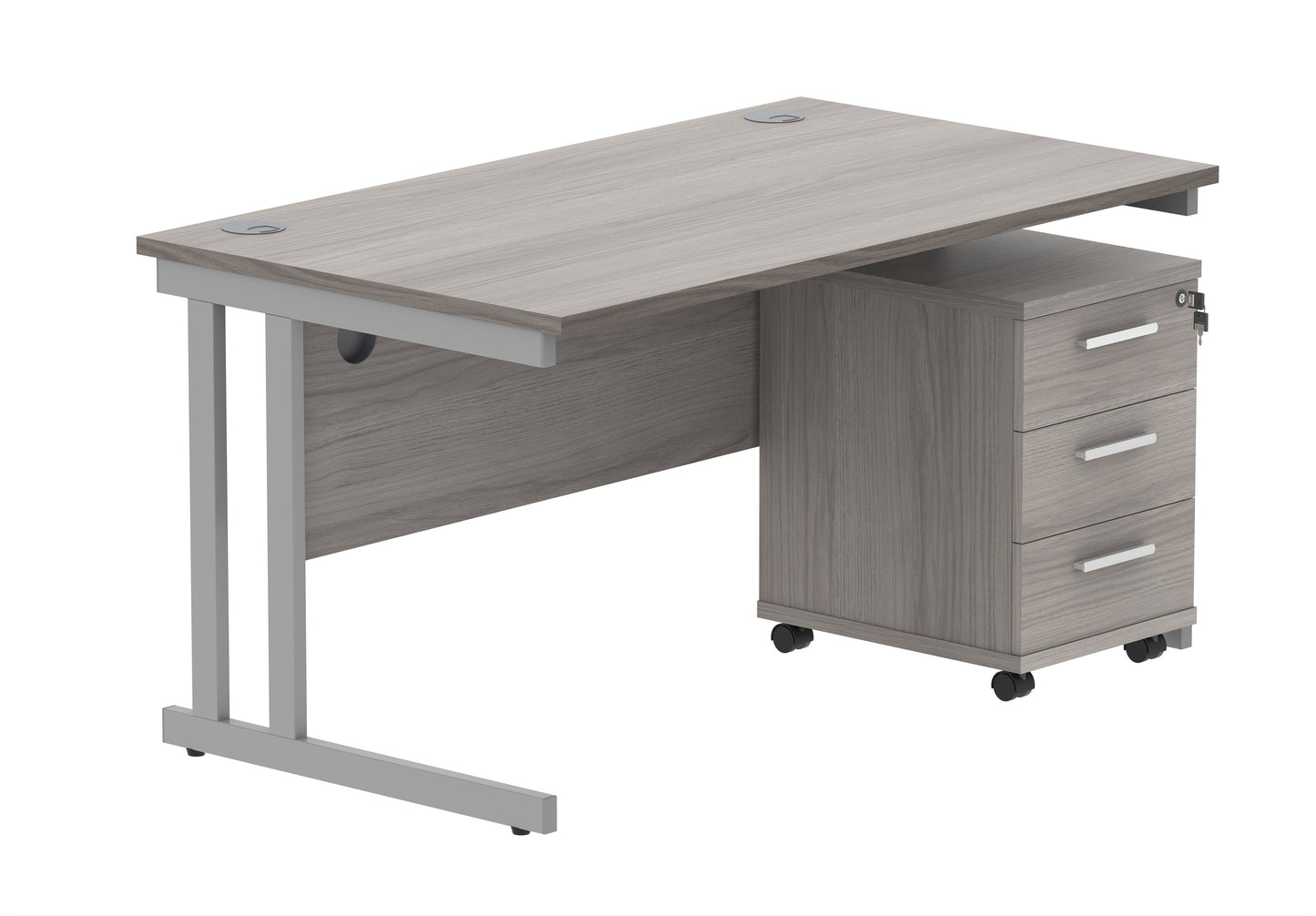 Core|Double Upright|Rectangular Desk with 3 Drawer Mobile Under Desk Pedestal|1400x800|Alaskan Grey Oak-Silver