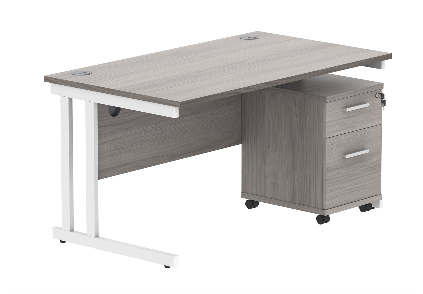 Core|Double Upright|Rectangular Desk with 2 Drawer Mobile Under Desk Pedestal|1400x800|Alaskan Grey Oak-White