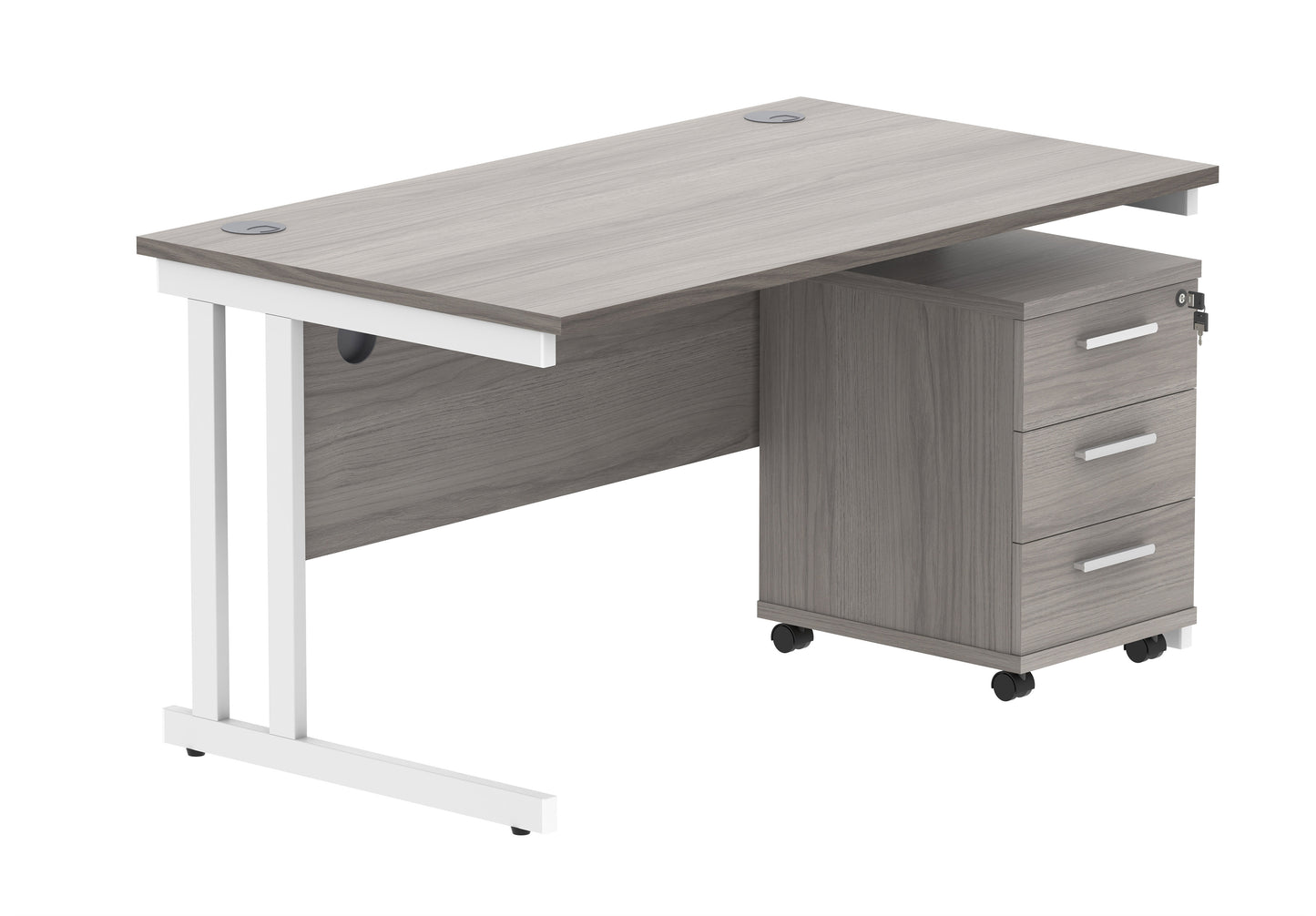 Core|Double Upright|Rectangular Desk with 3 Drawer Mobile Under Desk Pedestal|1400x800|Alaskan Grey Oak-White