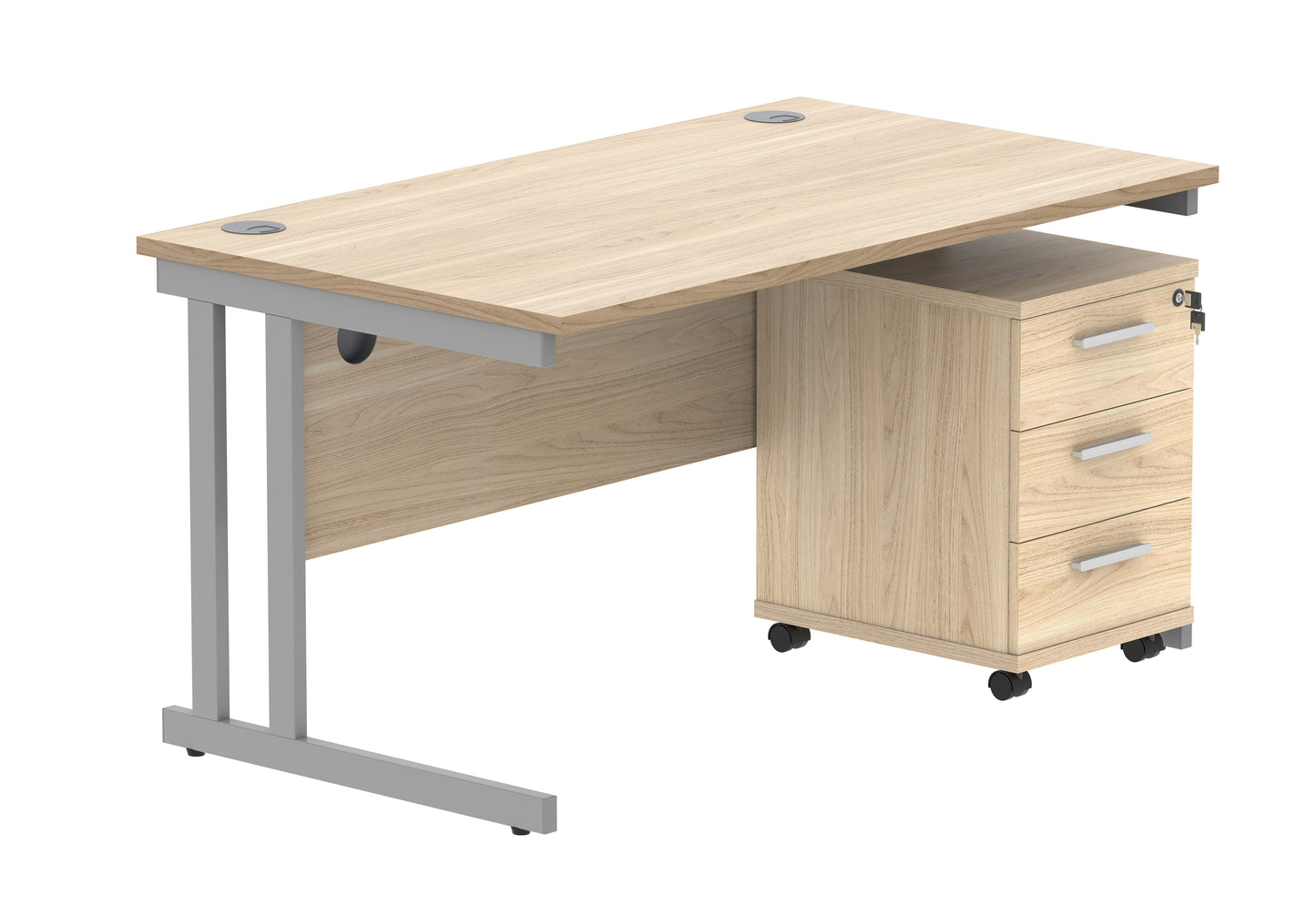 Core|Double Upright|Rectangular Desk with 3 Drawer Mobile Under Desk Pedestal|1400x800|Canadian Oak-Silver