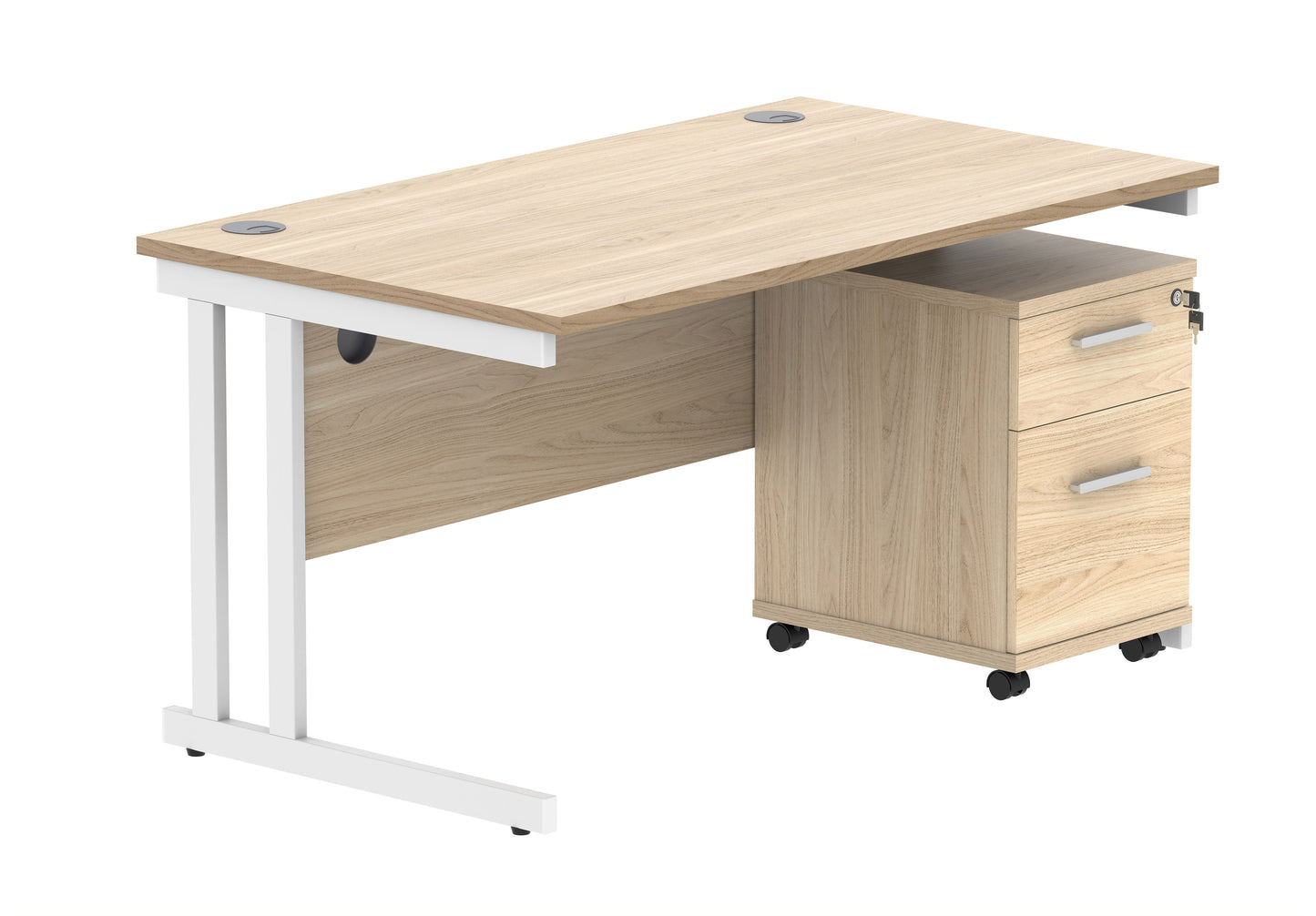 Core|Double Upright|Rectangular Desk with 2 Drawer Mobile Under Desk Pedestal|1400x800|Canadian Oak-White
