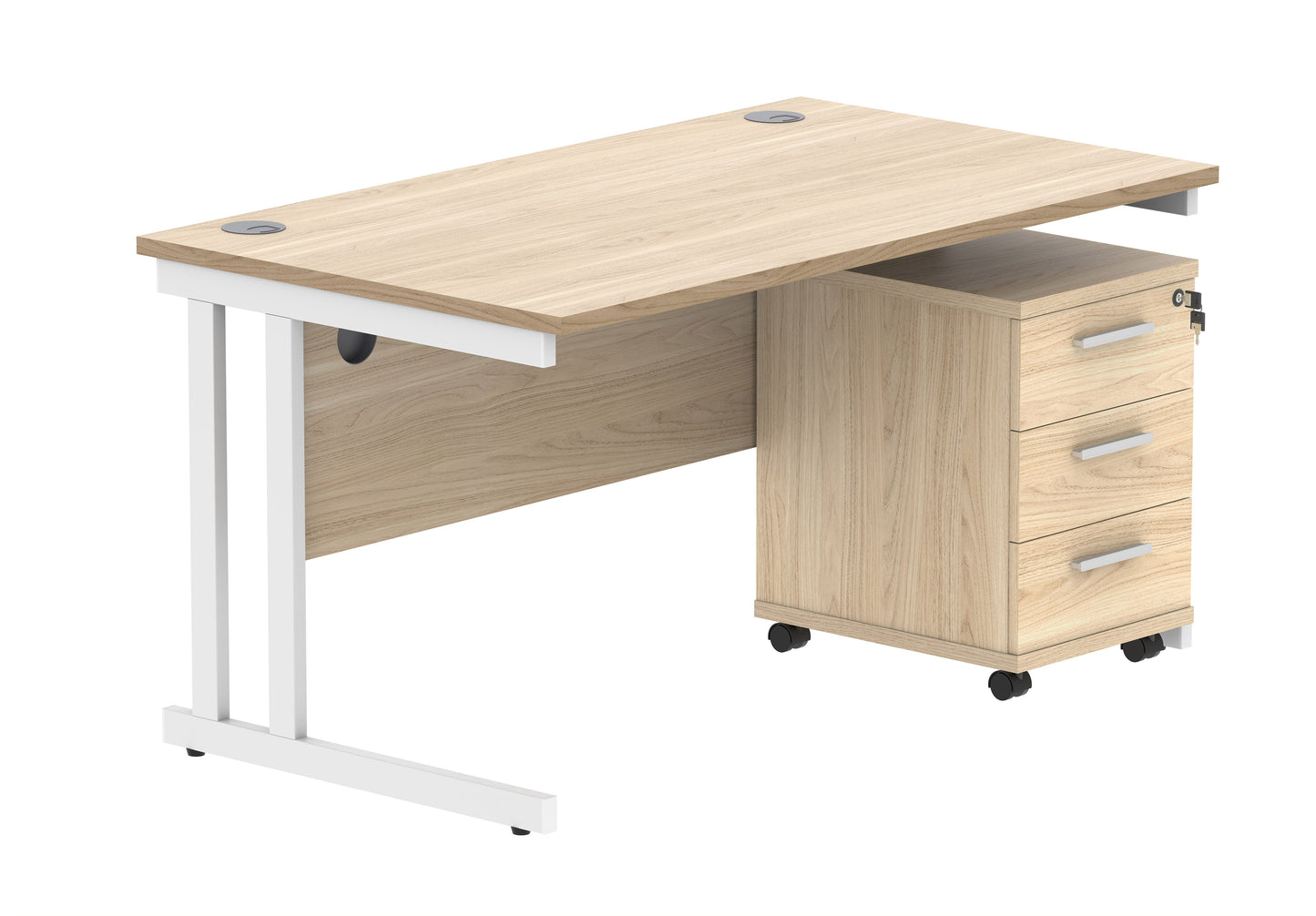 Core|Double Upright|Rectangular Desk with 3 Drawer Mobile Under Desk Pedestal|1400x800|Canadian Oak-White