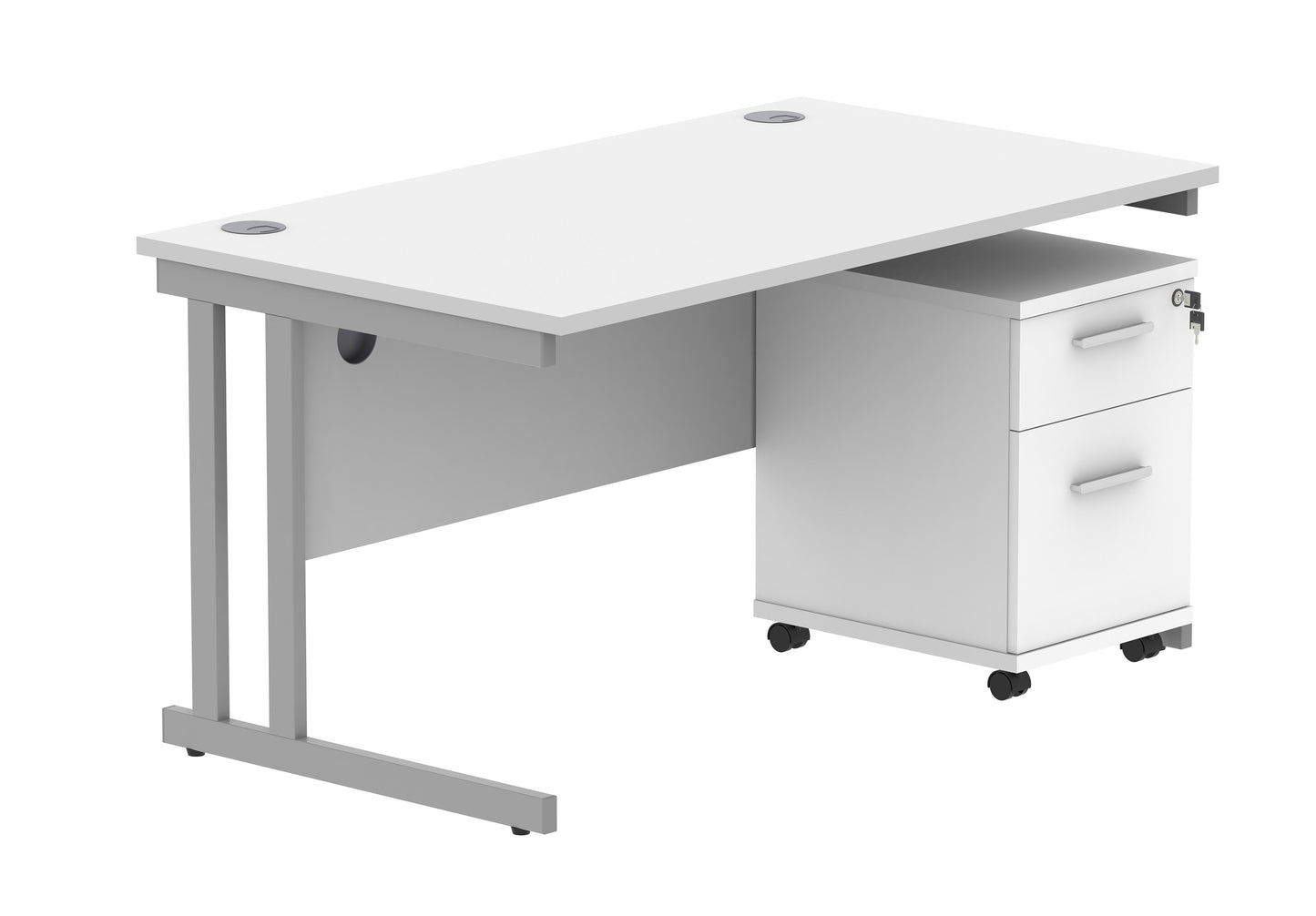 Core|Double Upright|Rectangular Desk with 2 Drawer Mobile Under Desk Pedestal|1400x800|Arctic White-Silver