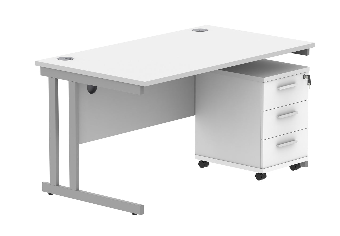 Core|Double Upright|Rectangular Desk with 3 Drawer Mobile Under Desk Pedestal|1400x800|Arctic White-Silver