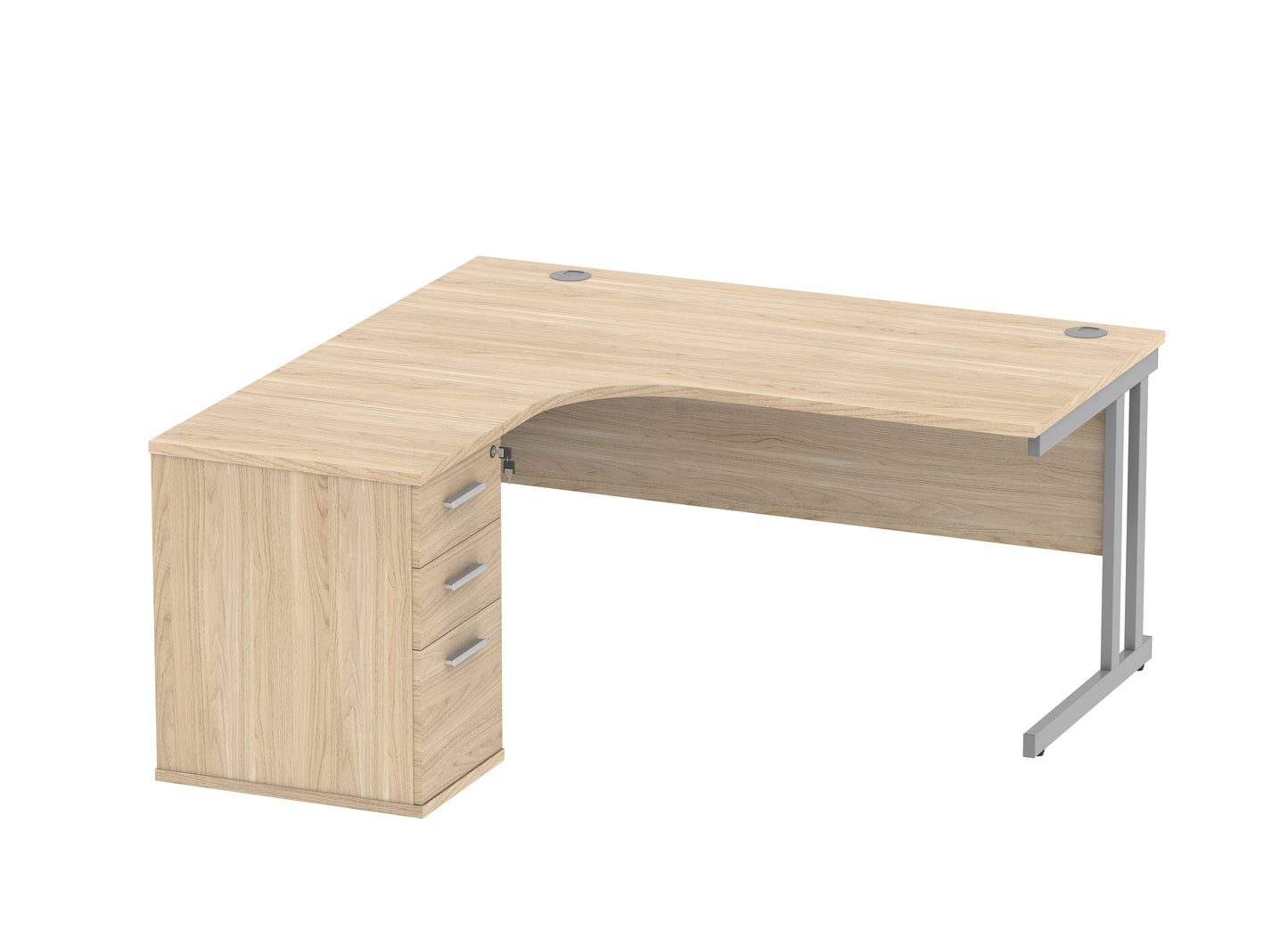 Core|Double Upright|Left Hand|Radial Desk with Desk High Pedestal|1600x1200|Canadian Oak/Silver
