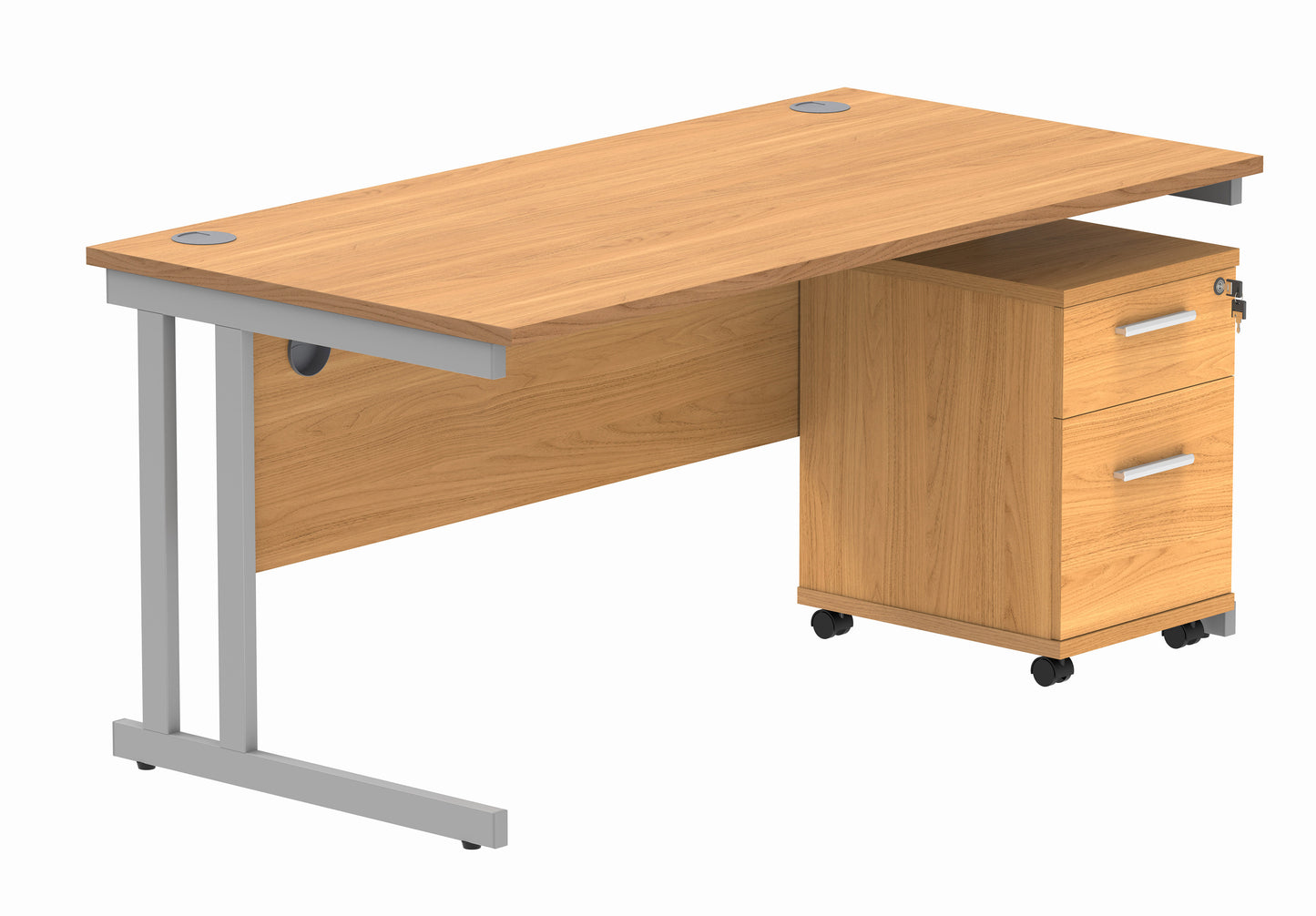 Core|Double Upright|Rectangular Desk with 2 Drawer Mobile Under Desk Pedestal|1680x800|Norwegian Beech-Silver