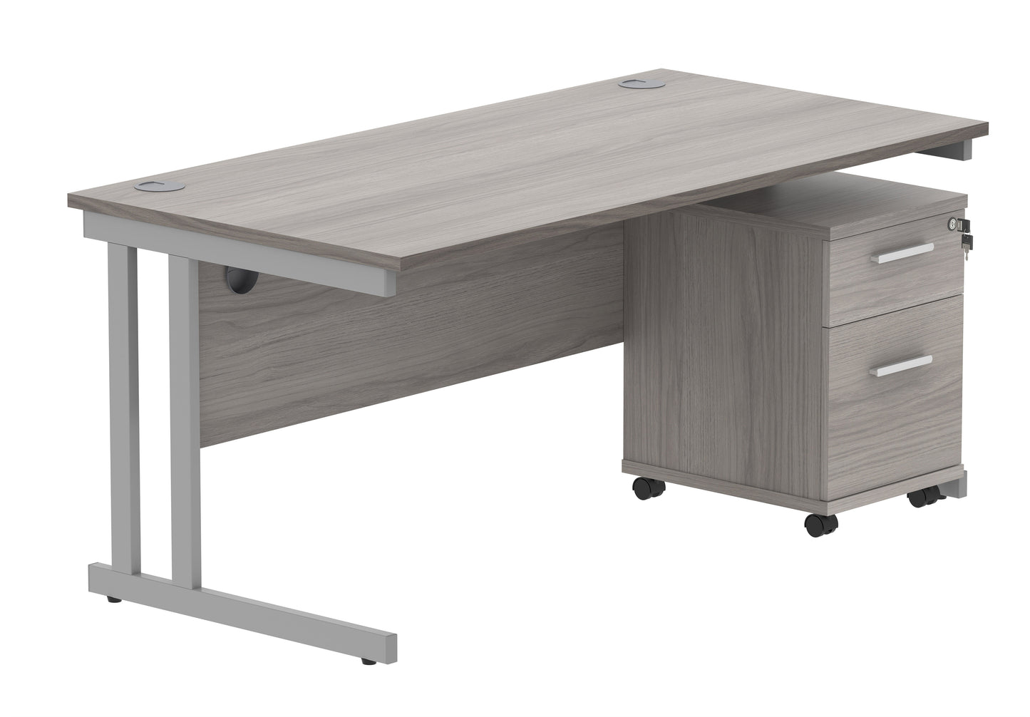 Core|Double Upright|Rectangular Desk with 2 Drawer Mobile Under Desk Pedestal|1680x800|Alaskan Grey Oak-Silver