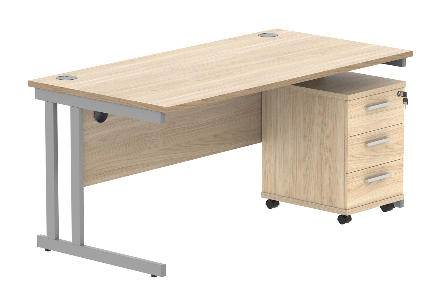 Core|Double Upright|Rectangular Desk with 3 Drawer Mobile Under Desk Pedestal|1680x800|Canadian Oak-Silver