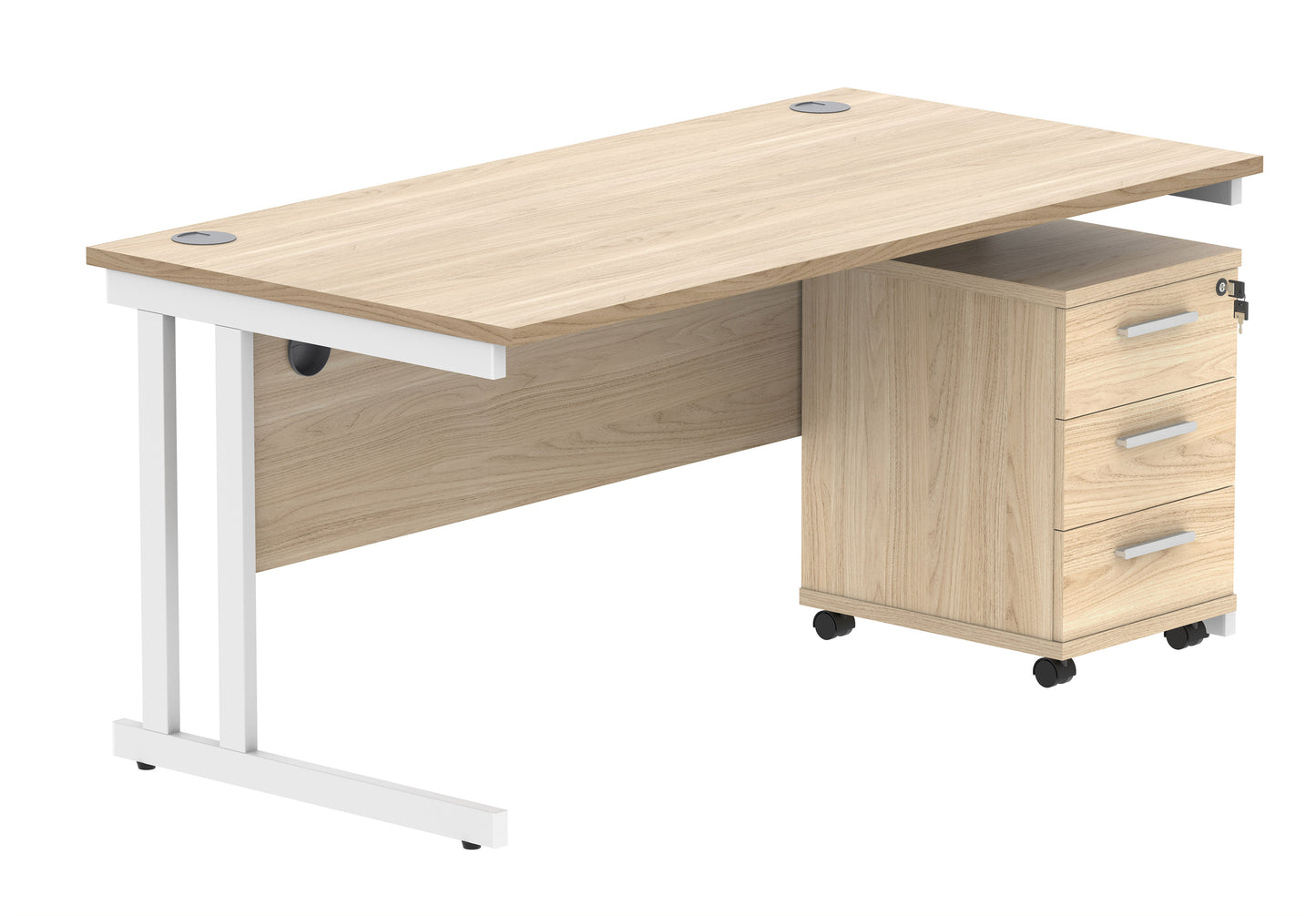 Core|Double Upright|Rectangular Desk with 3 Drawer Mobile Under Desk Pedestal|1680x800|Canadian Oak-White