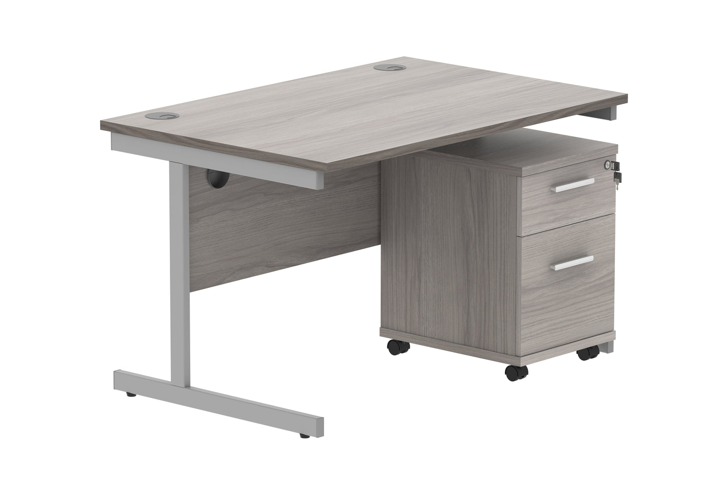 Core|Single Upright|Rectangular Desk with 2 Drawer Mobile Under Desk Pedestal|1200x800|Alaskan Grey Oak-Silver