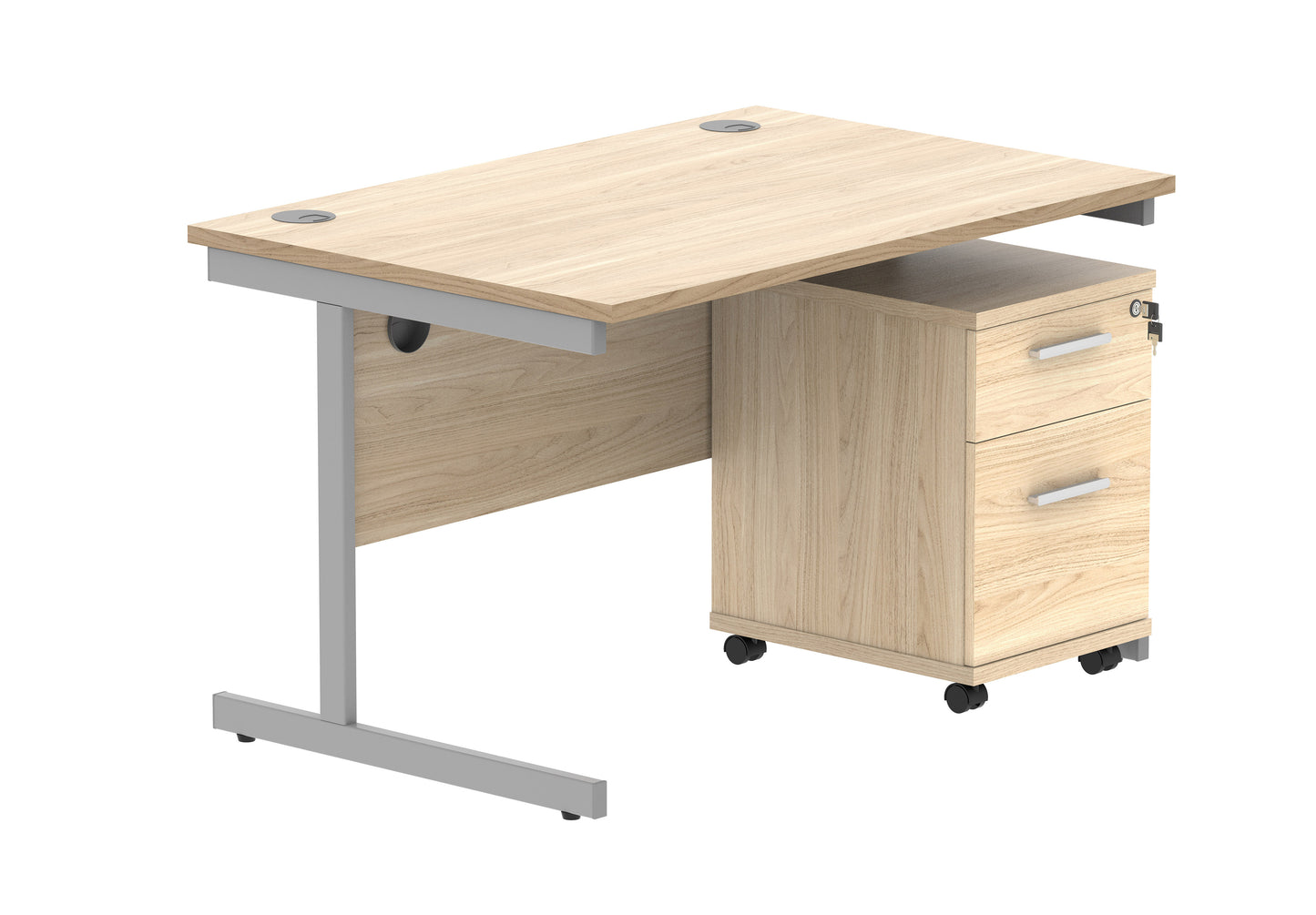Core|Single Upright|Rectangular Desk with 2 Drawer Mobile Under Desk Pedestal|1200x800|Canadian Oak-Silver