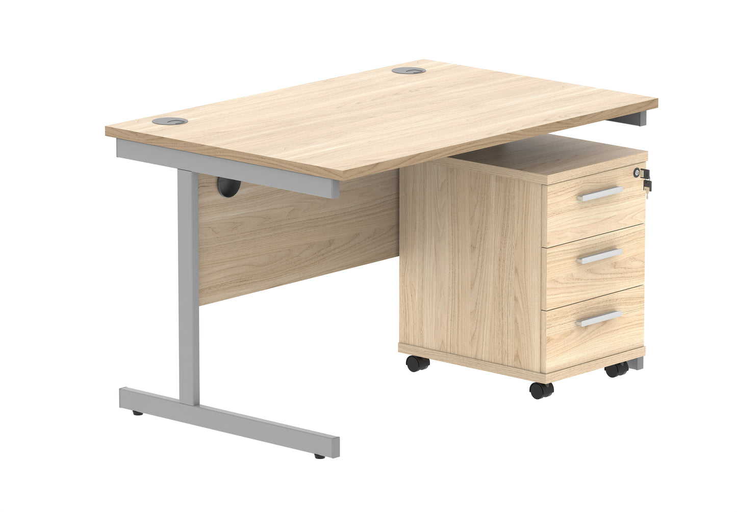 Core|Single Upright|Rectangular Desk with 3 Drawer Mobile Under Desk Pedestal|1200x800|Canadian Oak-Silver