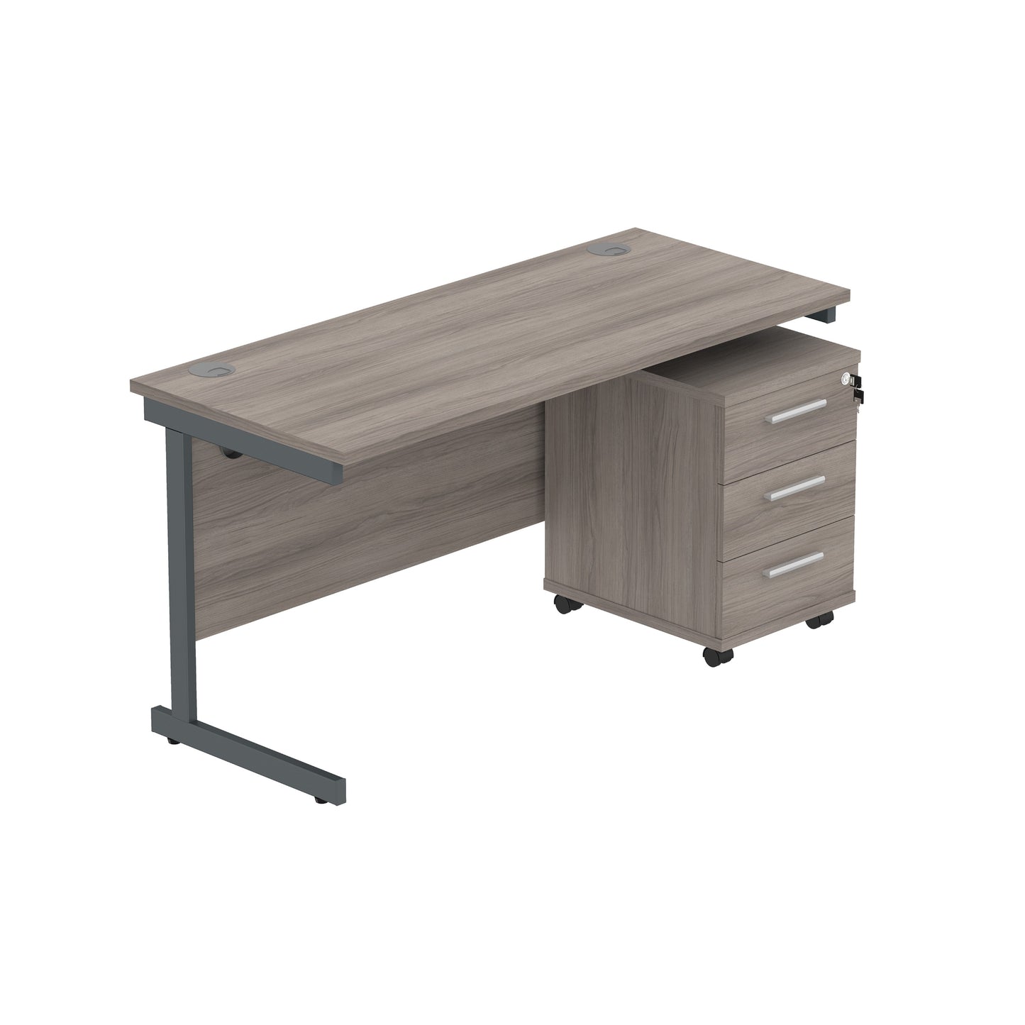 Core|Single Upright|Rectangular Desk with 3 Drawer Mobile Under Desk Pedestal|1400x600|Alaskan Grey Oak-Graphite