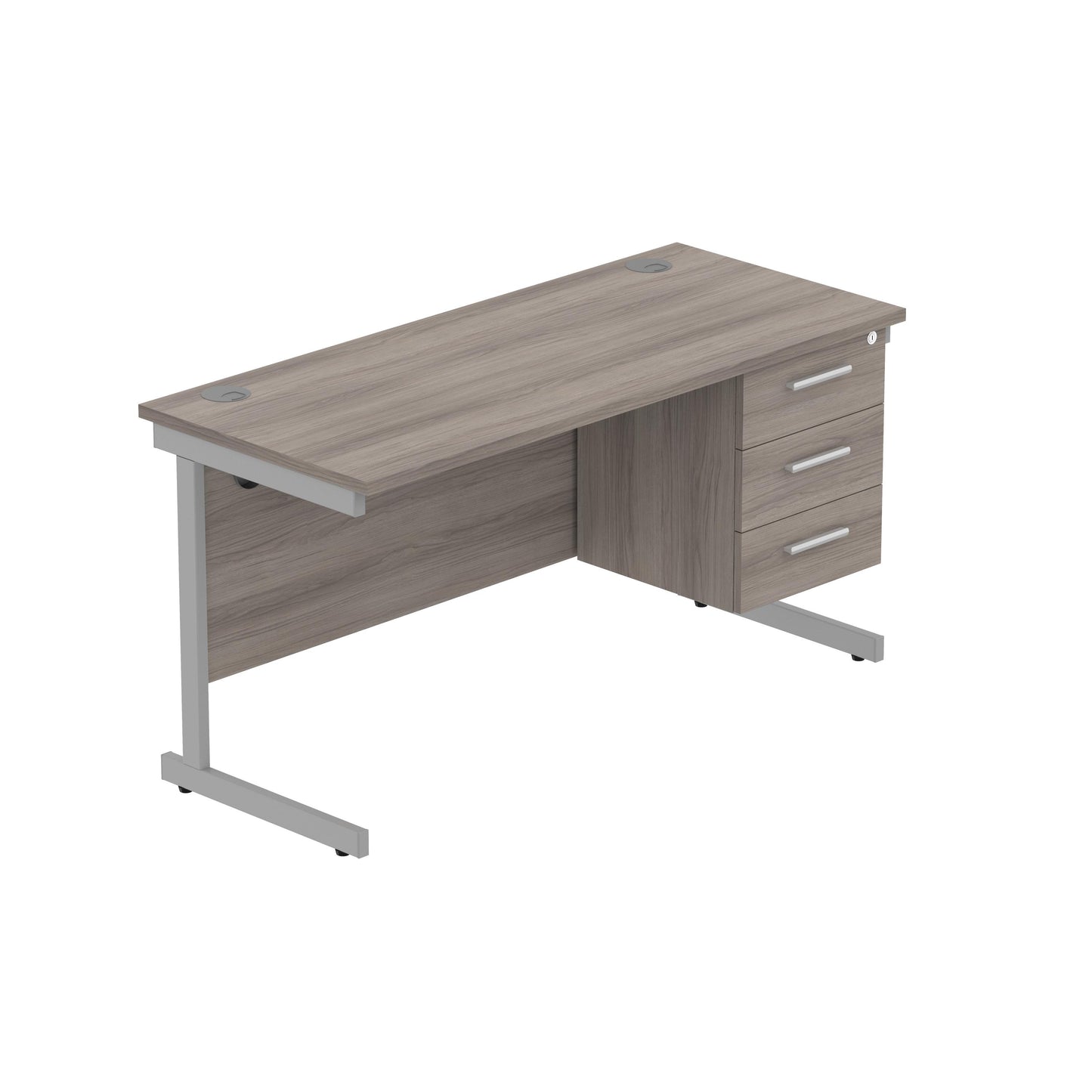 Core|Single Upright|Rectangular Desk with 3 Drawer Fixed Pedestal|1400x600|Alaskan Grey Oak-Silver