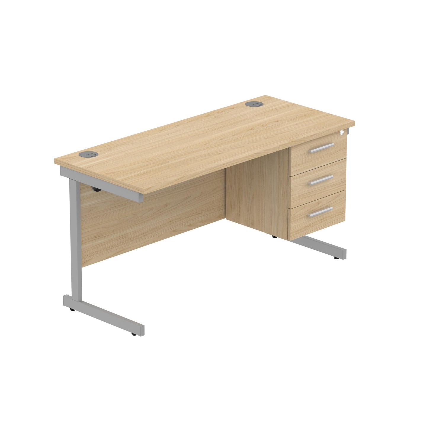 Core|Single Upright|Rectangular Desk with 3 Drawer Fixed Pedestal|1400x600|Canadian Oak-Silver