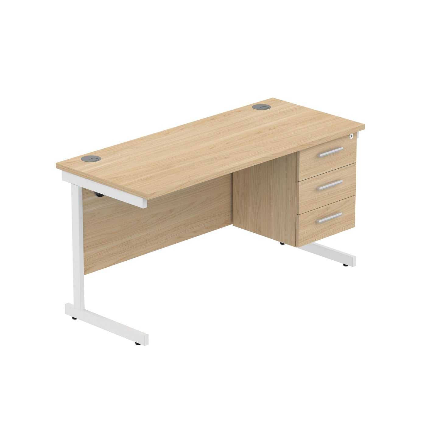 Core|Single Upright|Rectangular Desk with 3 Drawer Fixed Pedestal|1400x600|Canadian Oak-White