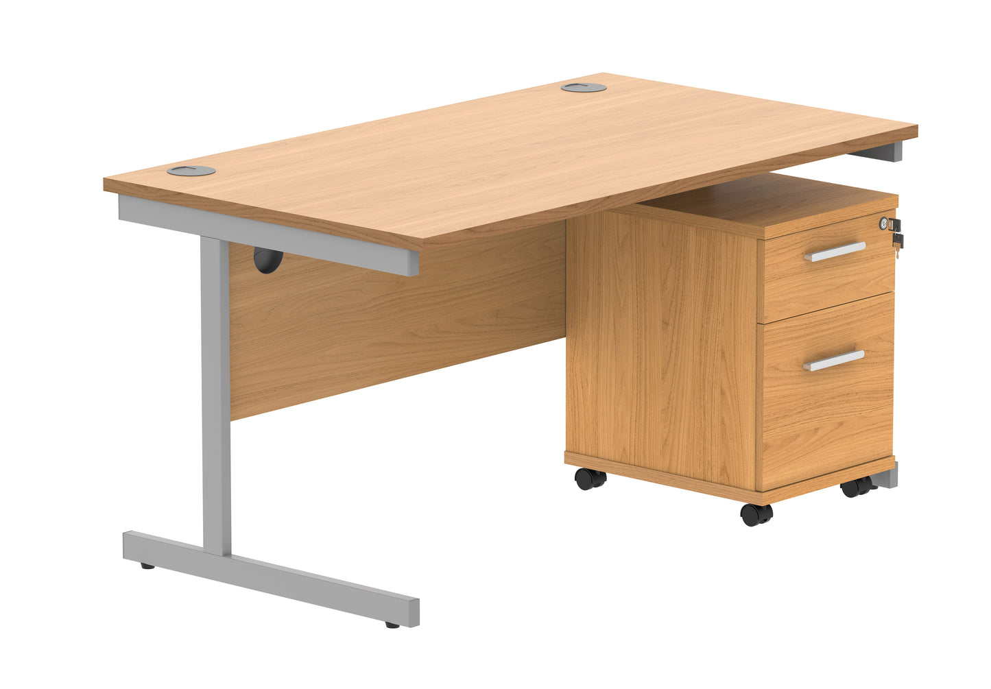 Core|Single Upright|Rectangular Desk with 2 Drawer Mobile Under Desk Pedestal|1400x800|Norwegian Beech-Silver