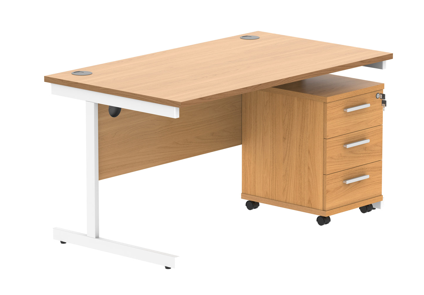 Core|Single Upright|Rectangular Desk with 3 Drawer Mobile Under Desk Pedestal|1400x800|Norwegian Beech-White
