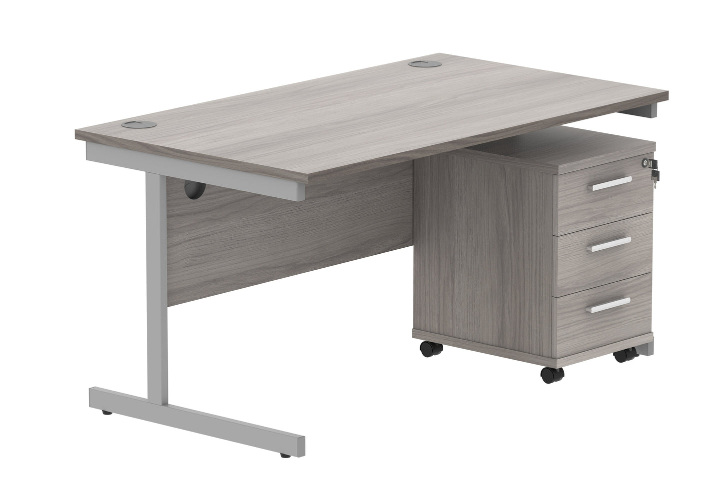 Core|Single Upright|Rectangular Desk with 3 Drawer Mobile Under Desk Pedestal|1400x800|Alaskan Grey Oak-Silver