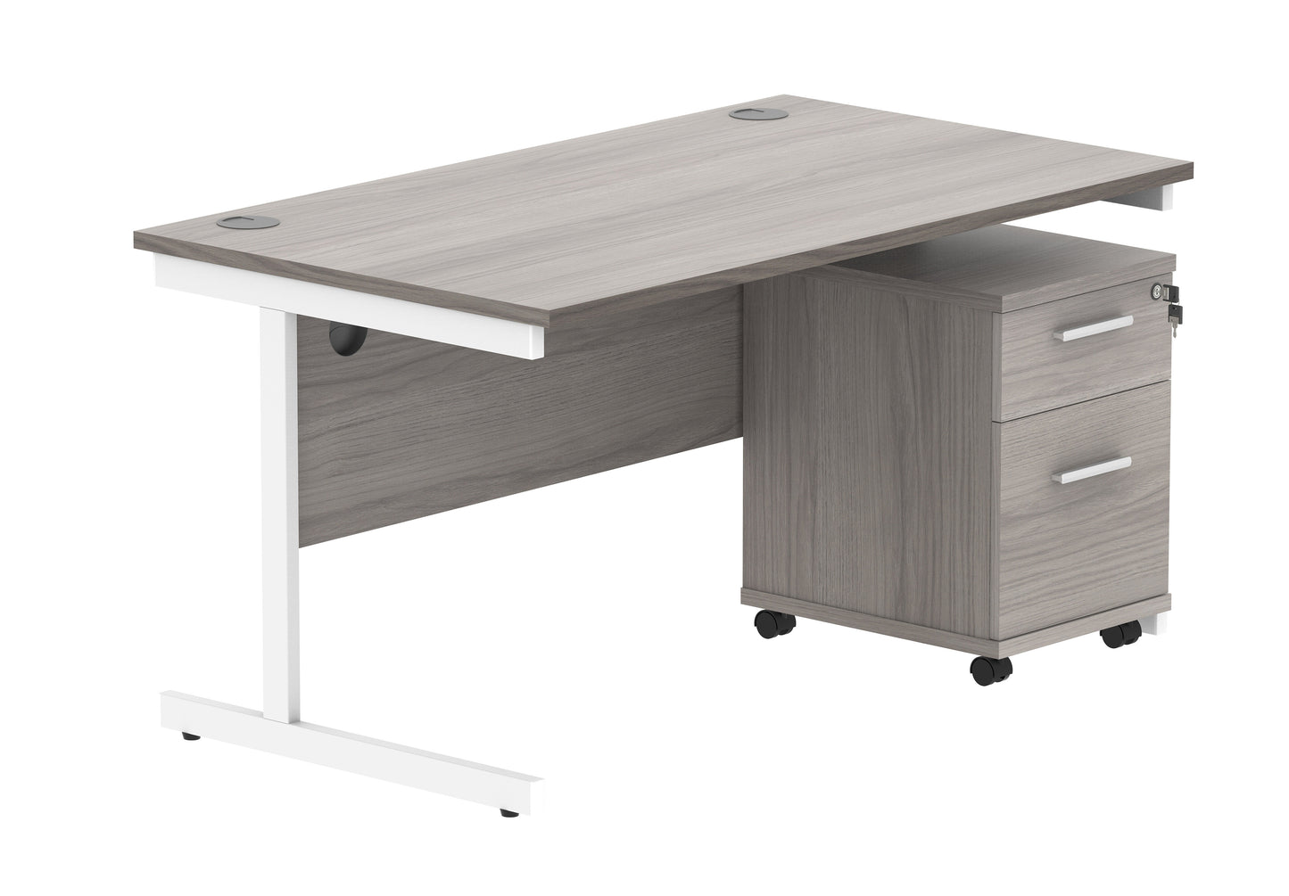 Core|Single Upright|Rectangular Desk with 2 Drawer Mobile Under Desk Pedestal|1400x800|Alaskan Grey Oak-White